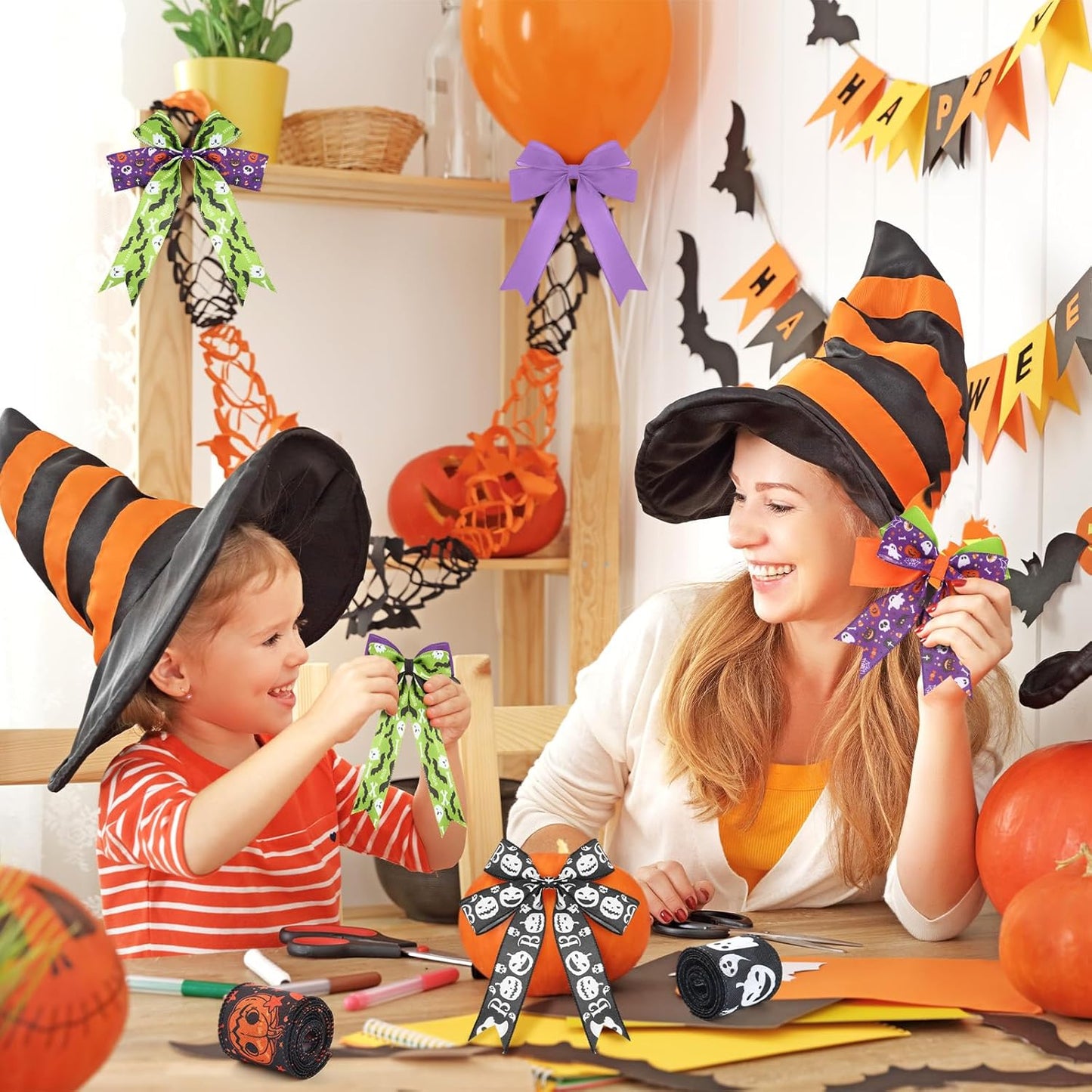 12 Rolls Halloween Wired Edge Ribbon for Wreaths 2 Inch x 60 Yards Bat Spider Web Pumpkin Print Grosgrain Ribbon Ghost Witch Hat Crafts for Halloween Party Decorative Supplies, 12 Styles