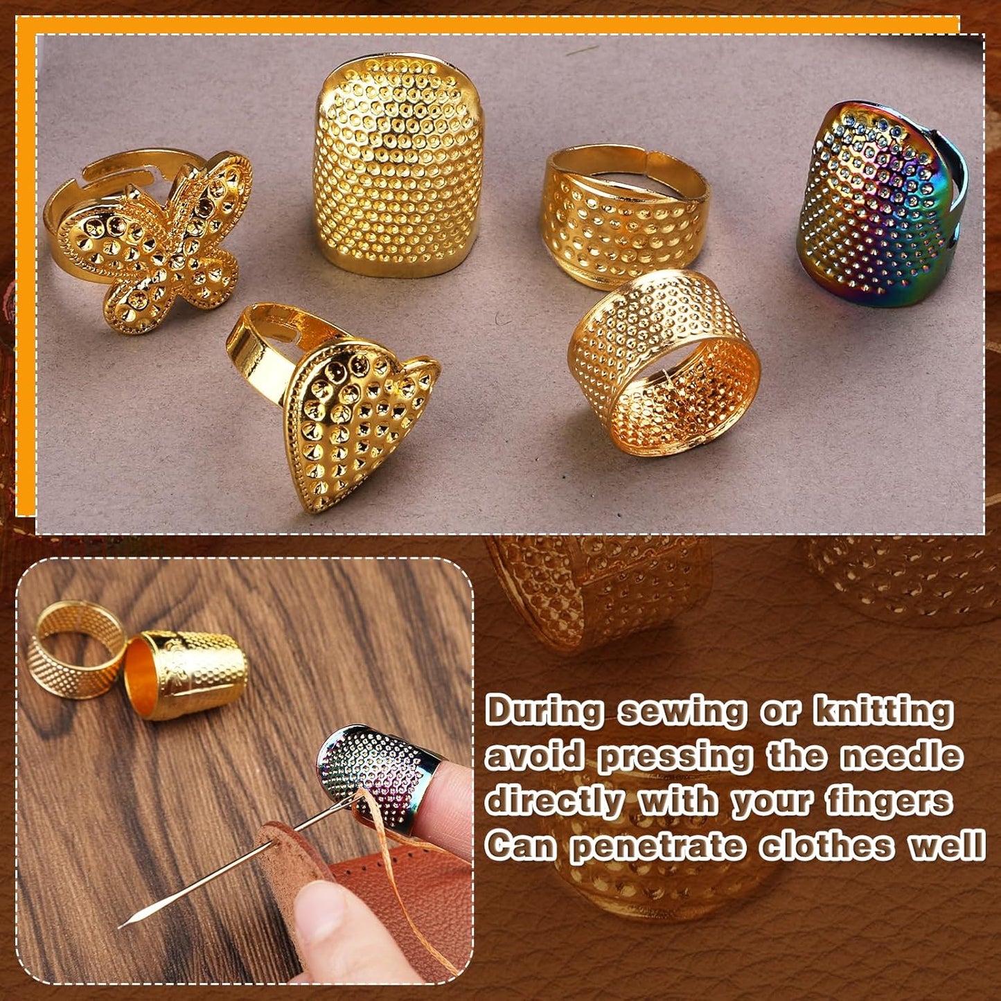 Ftyiwu Sewing Thimble, Hand Sewing Thimble with Storage Box, Adjustable Metal Sewing Thimble, Leather Finger Protector, DIY Hand Sewing Tool Accessories