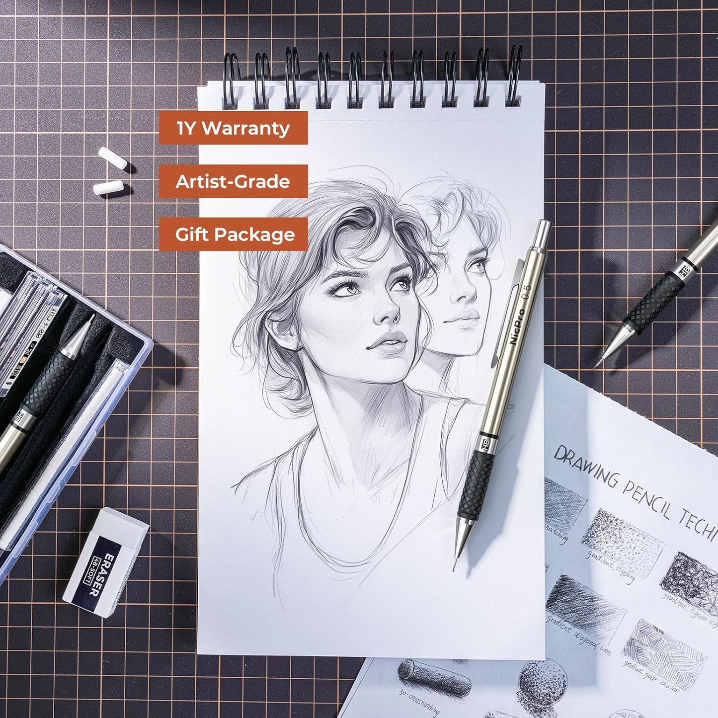 Nicpro 0.7 mm Art Mechanical Pencil Set in Storage Case, 3 PCS Metal Drafting Pencil Lead Pencil with 6 Tube HB Lead Refills, 3 Erasers, 9 PCS Eraser Refills for Artist Writing, Drawing, Sketching