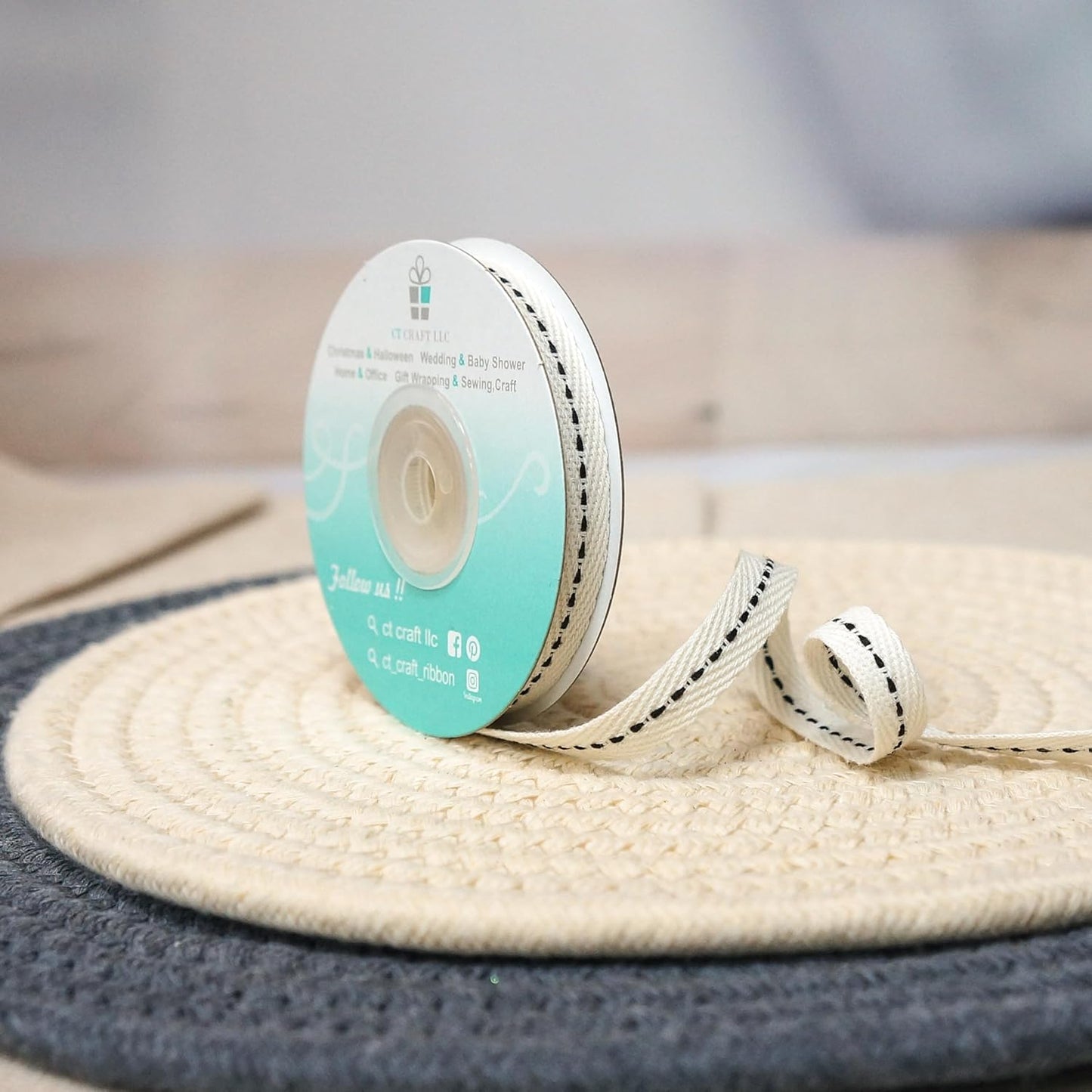 CT CRAFT LLC Ivory Cotton Black Stitched Ribbon 3/8" x 10 Yards for Home Décor Gift Present Wrapping DIY Crafts Birthday Wedding Bouquet Christmas