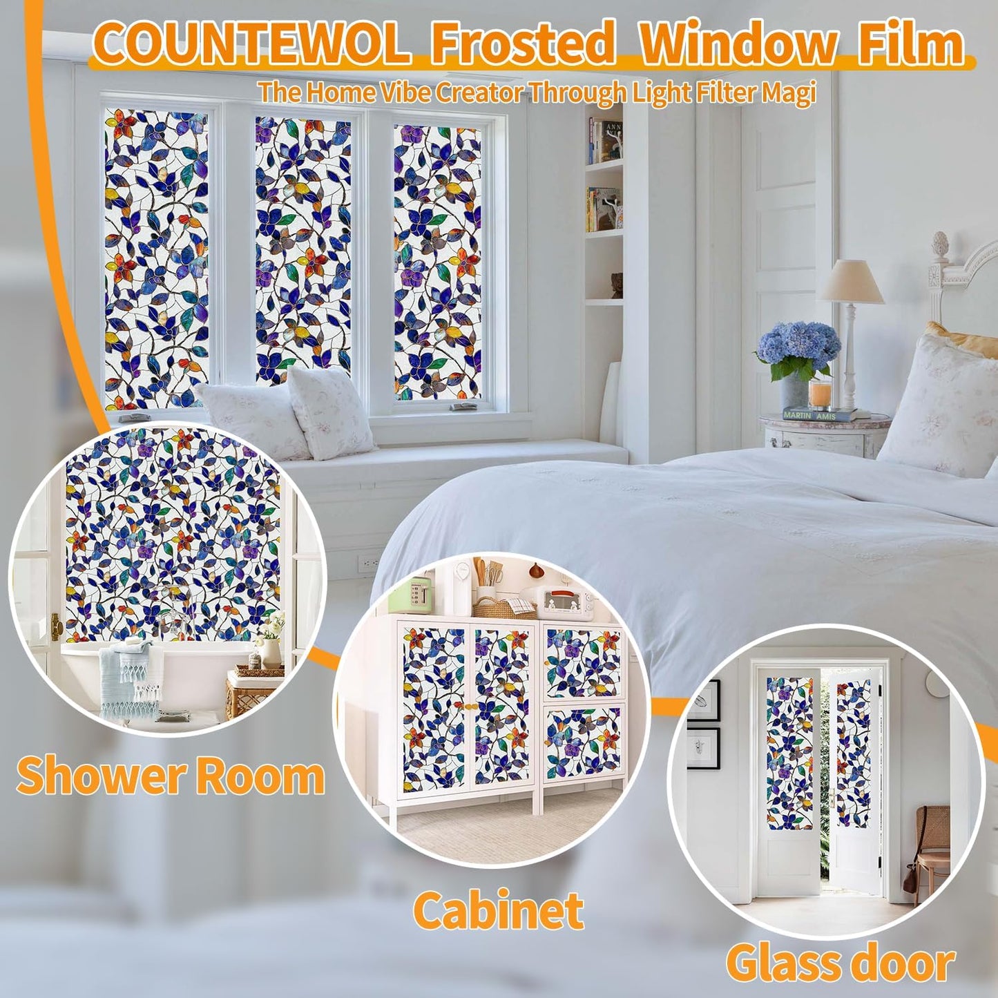 Window Privacy Film Stain Glass Window Film Rainbow Window Film Window clings Non-Adhesive Reusable Decorative for Room (Frosted Stained Leaf, 17.5 x 78.7 in)