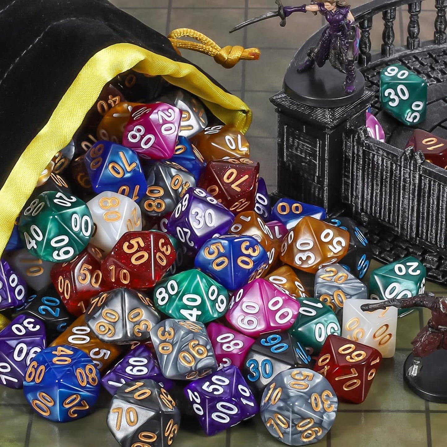 CiaraQ DND Polyhedral Dice (100pcs) with A Dice Bag Compatible with Dungeons and Dragons DND RPG MTG Role Playing Table Games (D% dice, 10 colors-100 pcs)