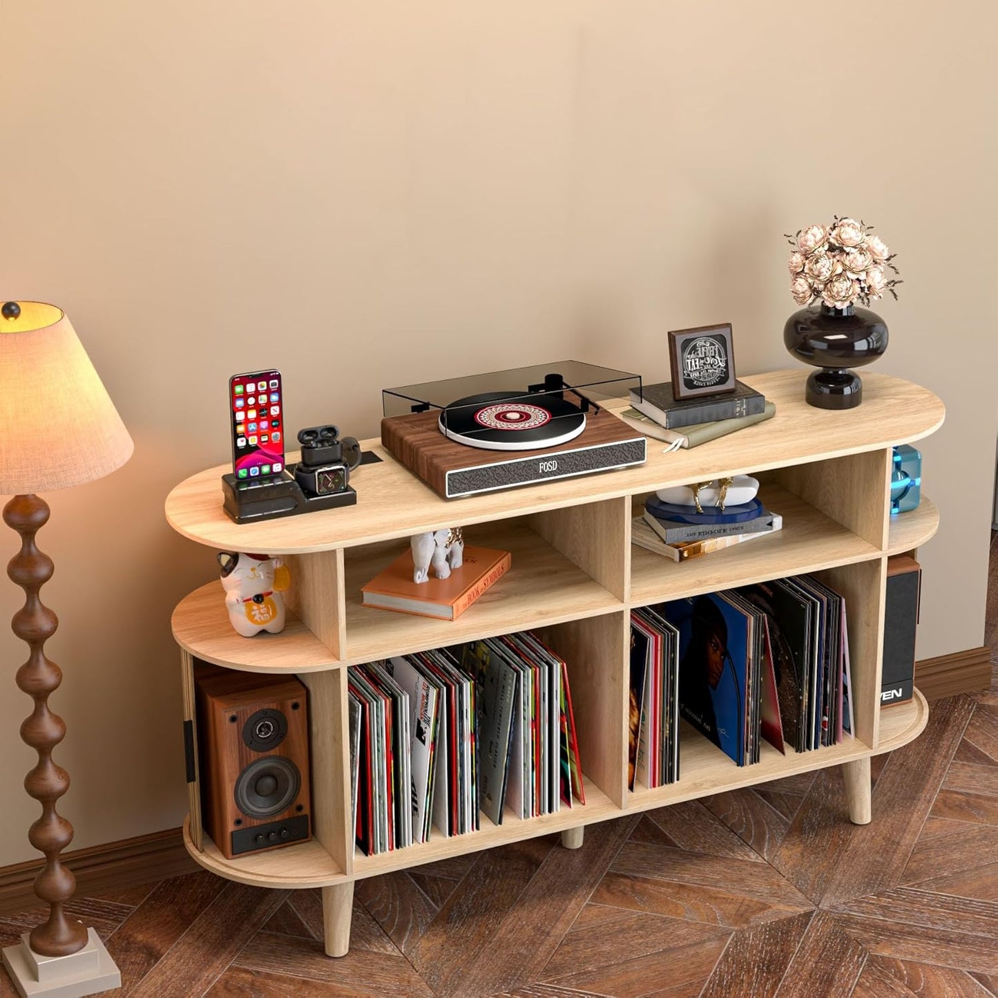 Large Round Record Player Stand with Charging Station & USB Ports,Record Storage Cabinet, Mid Century Modern Turntable Stand for Bedroom Living Room (Oak)
