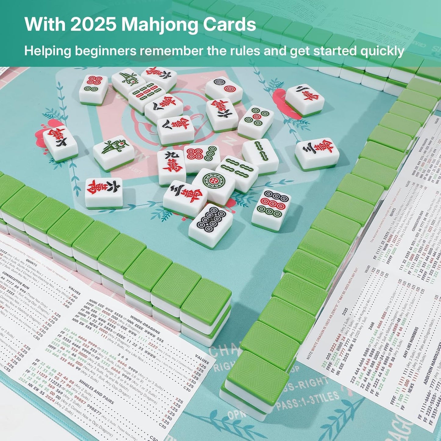 Mahjong Mat, Mahjong Mat for Table, Comes with 1 Velvet Mahjong Mat Storage Bag, with 2025 Mahjong Cards (4pcs), Fit for Mahjong/Poker/Board Games/Card Games/Dominoes (Green)