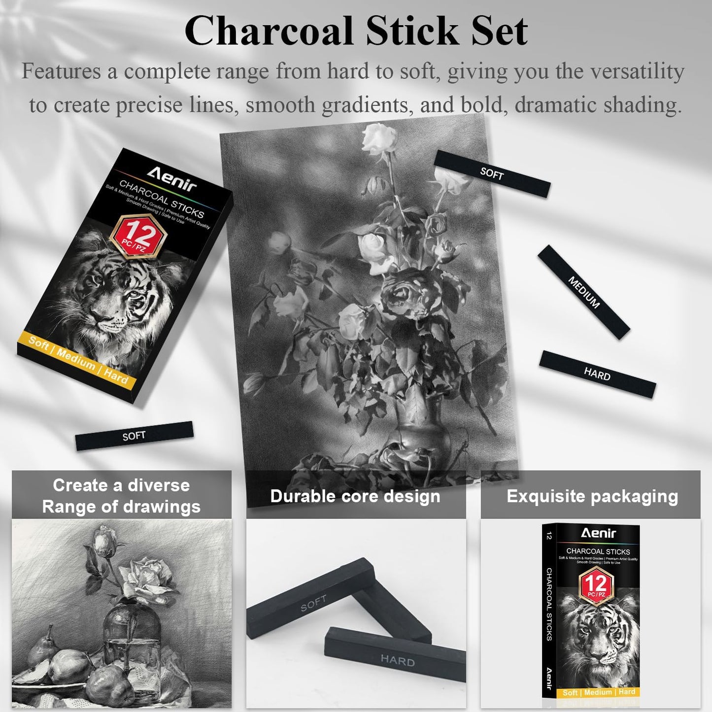Compressed Charcoal Sticks Set of 12 – Soft, Medium, Hard Charcoal for Drawing, Sketching & Shading – Art Supplies for Artists, Beginners & Adults