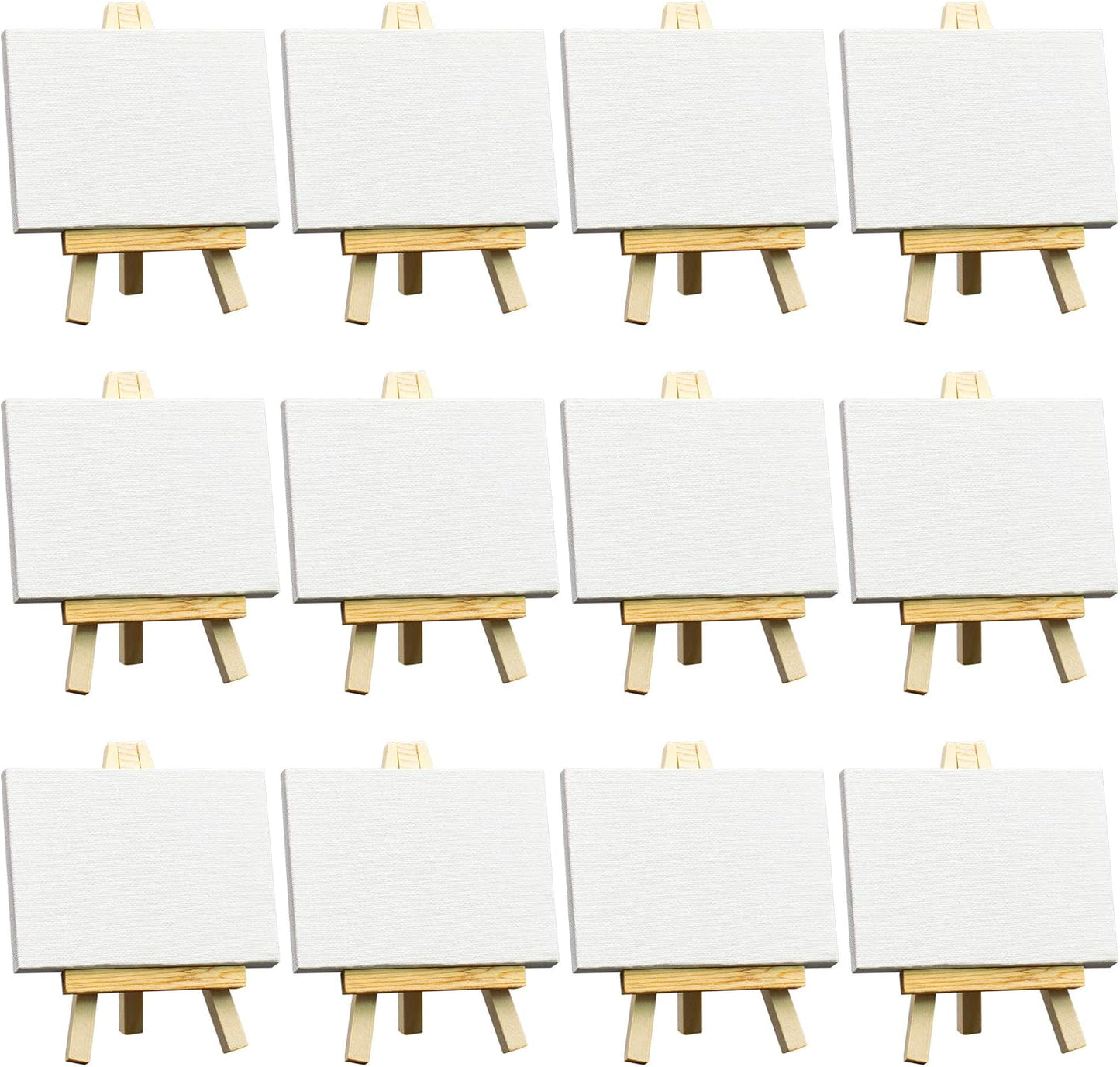 FIXSMITH 3x4 Inch Mini Stretched Canvas Easel Set- Bulk Pack of 12,Set Contains 12 Rectangle Canvases &12 Mini Easels,Small White Art Canvases & Wood Easels for Painting Craft Drawing Decoration