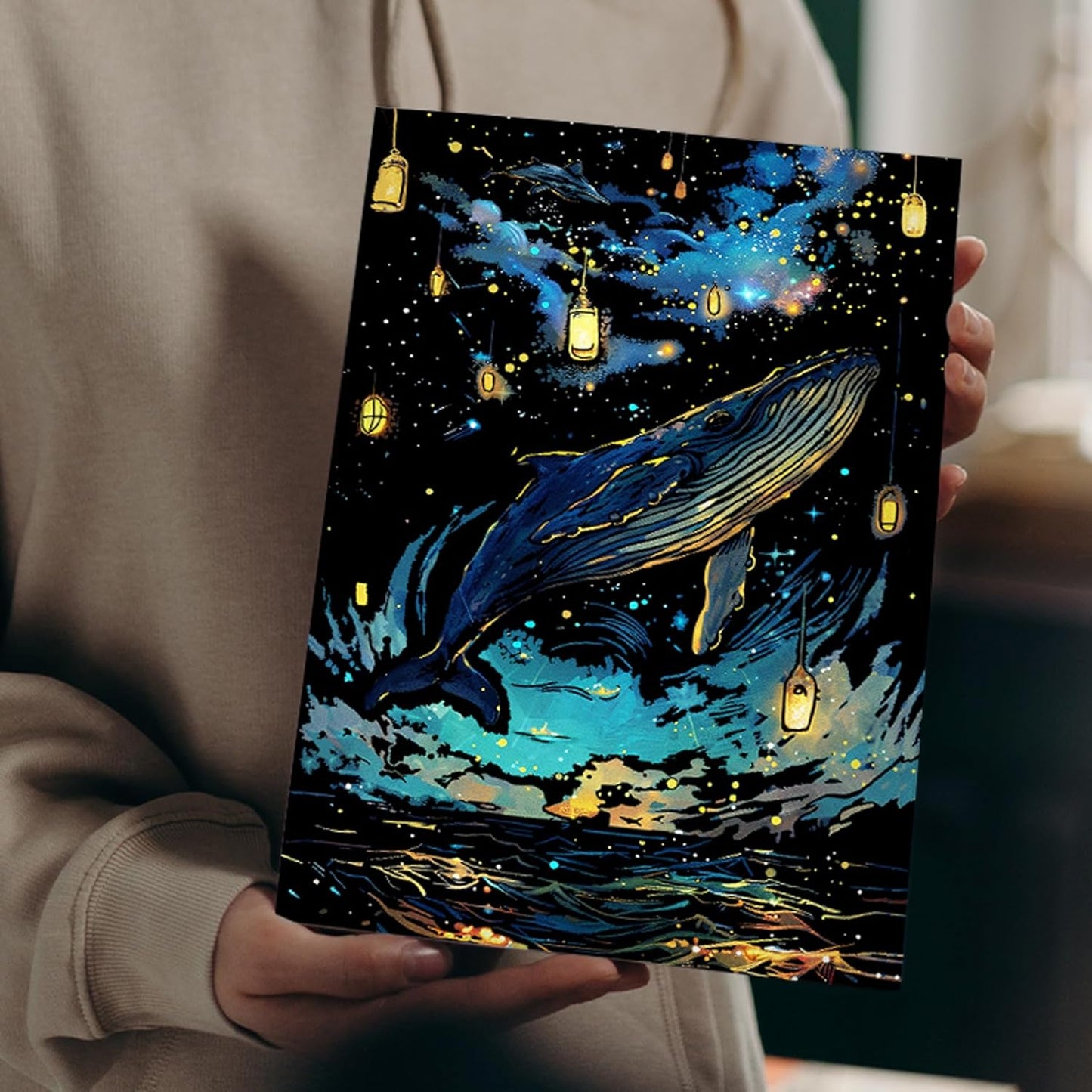 Scratch Paper Art for Adults-Glow in The Dark Scratch Painting Craft Kit (8 Sheets A4)|DIY Foil Engraving Art Set|Stress Relief Gift for Travel Lovers,Craft Lovers,Home Decors (Butterfly & Whale)