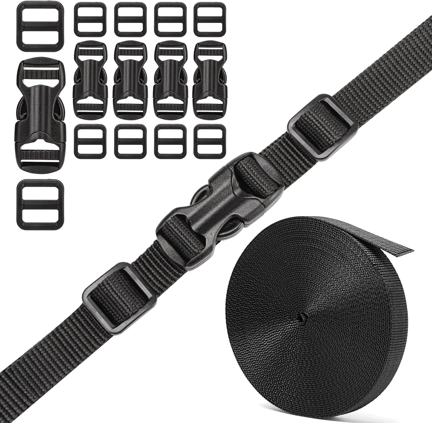5/8" Buckle and Strap Set: 6 Yards of Thick Nylon Webbing, 6 Pack Quick Side Release Adjustable Plastic Buckles, 12 Tri-Glide Slide Clips, Black (5/8" Combo Set)
