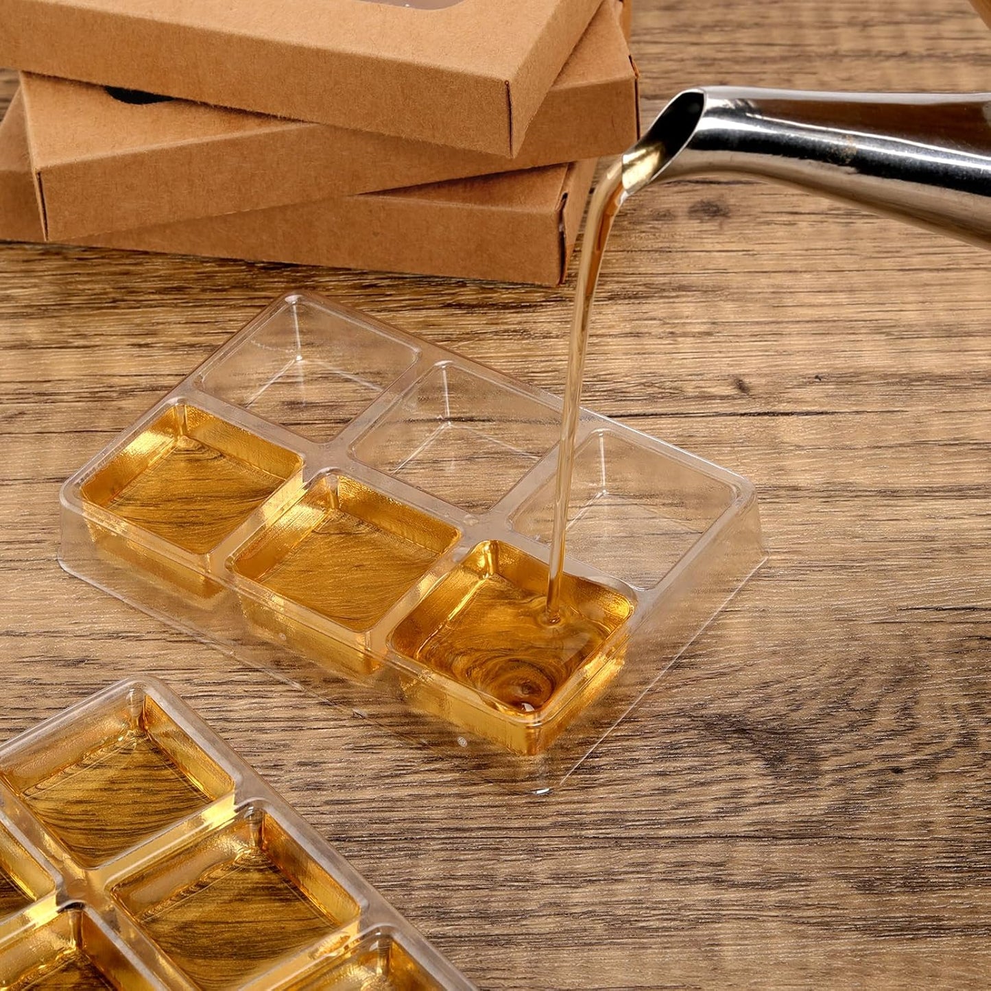 100 PCS Gift Boxes for Wax Melts 6 Cavity Plastic Mold with Box Kraft Wax Melt Boxes Crystal Clear Wax Melt Molds Wax Melts Containers for Wax Cubes Wax Tarts Wax Block(4 * 2.8 Inch)