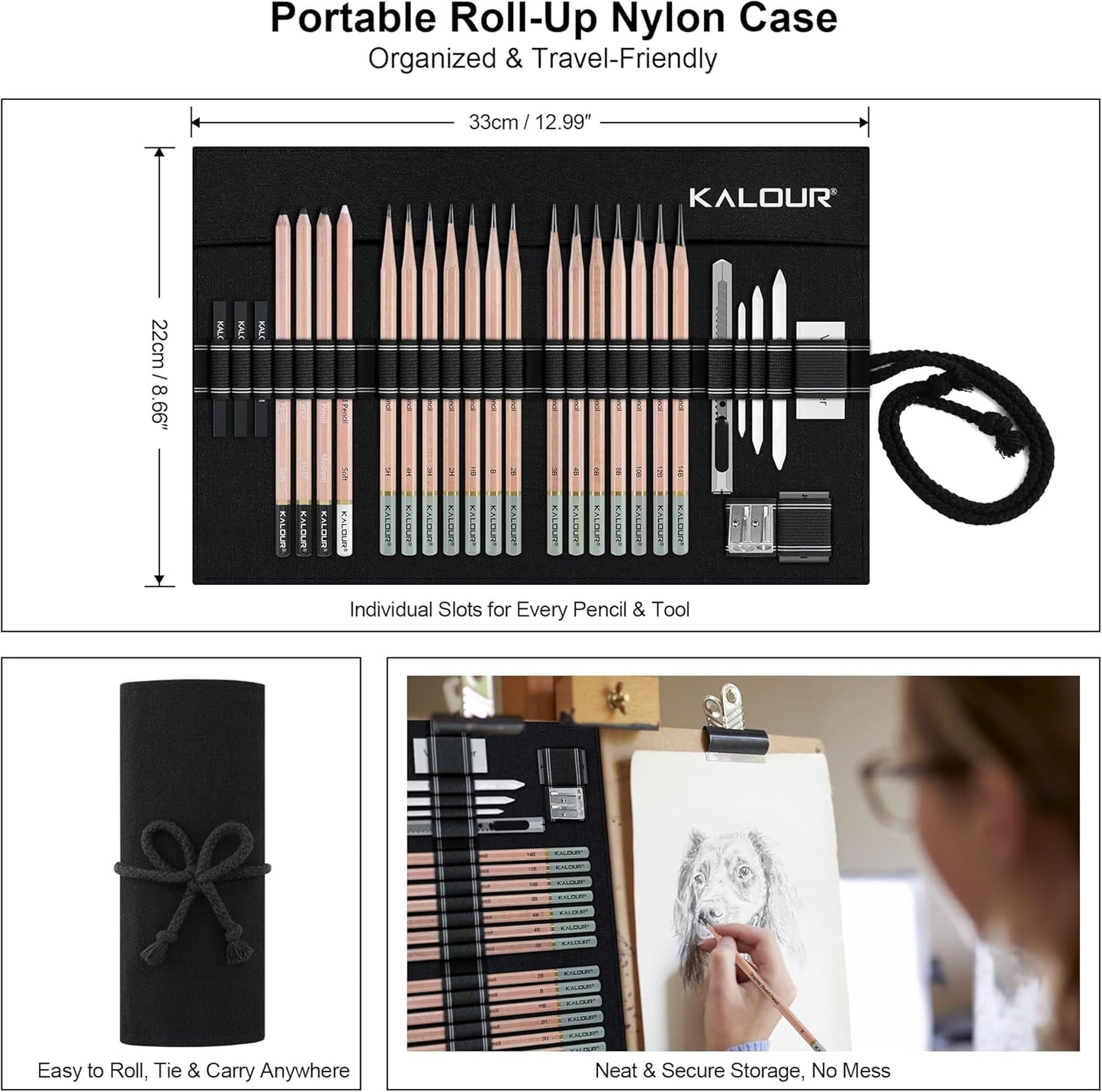 KALOUR 29 Pro Sketching Drawing Pencils Set with Roll-Up Nylon Case – 14 Graphite Pencils (14B–5H), Charcoal Pencils, Erasers, Sharpener & Stumps – Complete Art Kit for Artists & Beginner