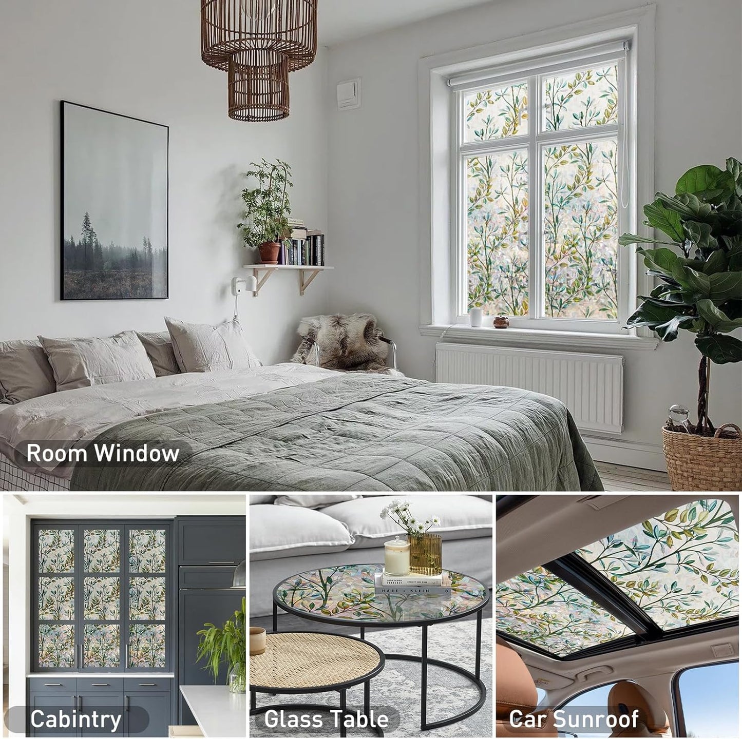 Donox Window Privacy Film, Leaf Rainbow Window Film Decorative Stained Glass Window Film, Anti-UV Sun Blocker Heat Control for Home, 17.5 Inch x 6.5 Feet (with Installation Tool)