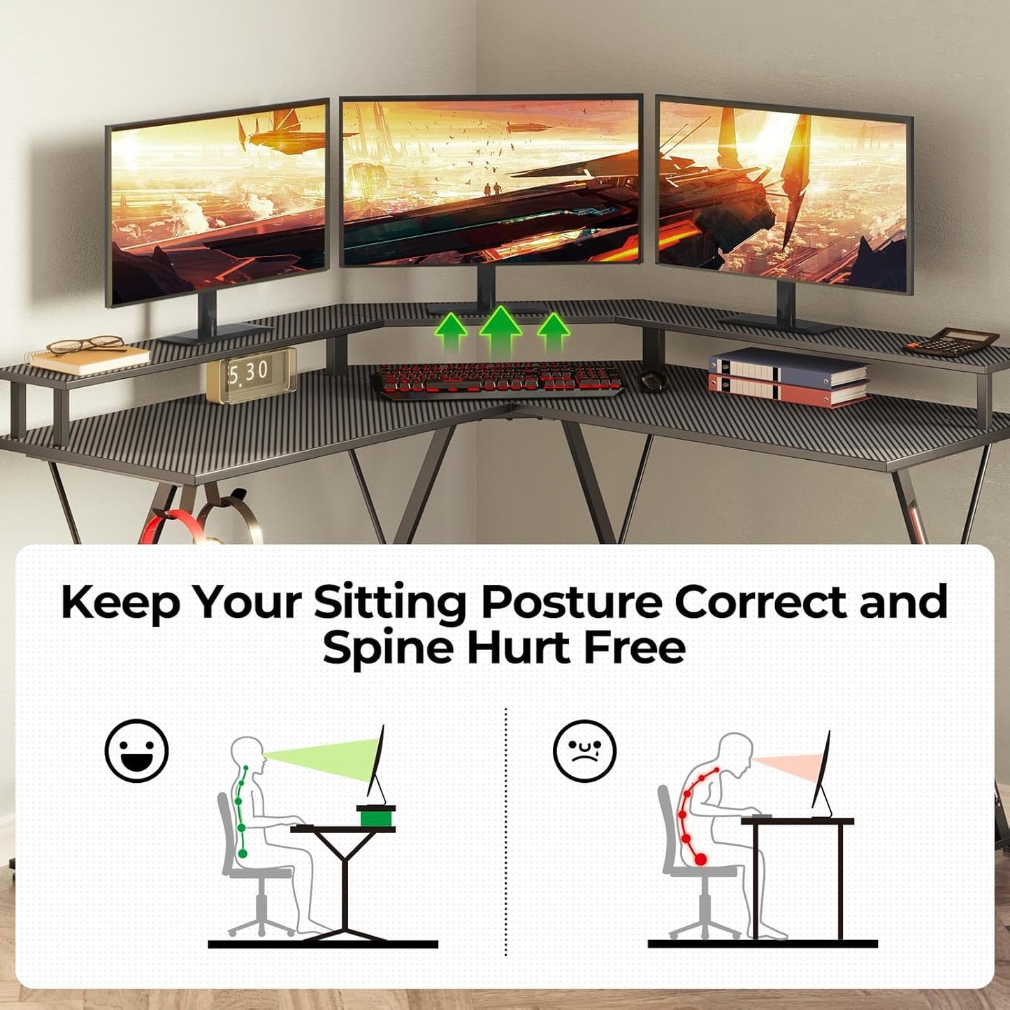 SEVEN WARRIOR L Shaped Gaming Desk with LED Lights & Power Outlets, 50.4” Computer Desk with Monitor Stand, Corner Desk with Carbon Fiber Surface, Gaming Table with Hooks, Black