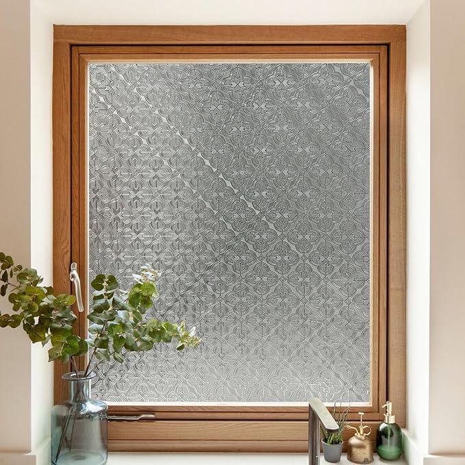 Stained Glass Window Privacy Film, 3D Static Cling Removable Window Clings, Heat Control Sun Blocking Window Film for Bathroom,Front Door,Home,Begonia,29.5" x 78.7"