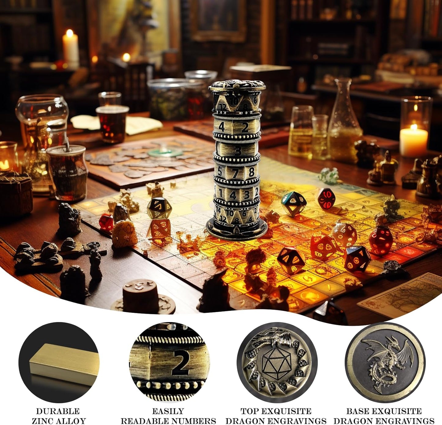 DND Dice Spinner Tower Set - Unique D4 D6 D8 D10 D10% D12 D20 All in One D&D Metal Dice - Cool Role Playing Gifts for Dungeons and Dragons TRPG MTG Games Lover Player (Tower-Ancient Bronze)