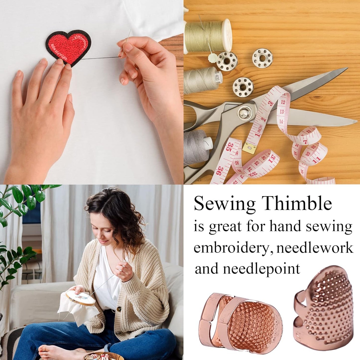 J.CARP 4Pcs Sewing Thimble, Metal Rose Gold Color Sewing Thimble Finger Protector, Adjustable Finger Shield Ring Fingertip Thimble Sewing Quilting Craft, Accessories DIY Sewing Tools (2 Sizes, S/M)