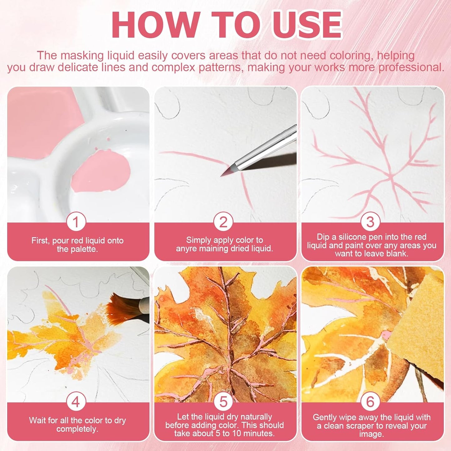 WANJAO Masking Fluid for Watercolor Painting, Liquid Masking Tape with Silicone Pens Cleaning Brush for Painting Fast Drying Easy Peel Use to Art Watercolor Supplies Retouching Covering, 30ml Red