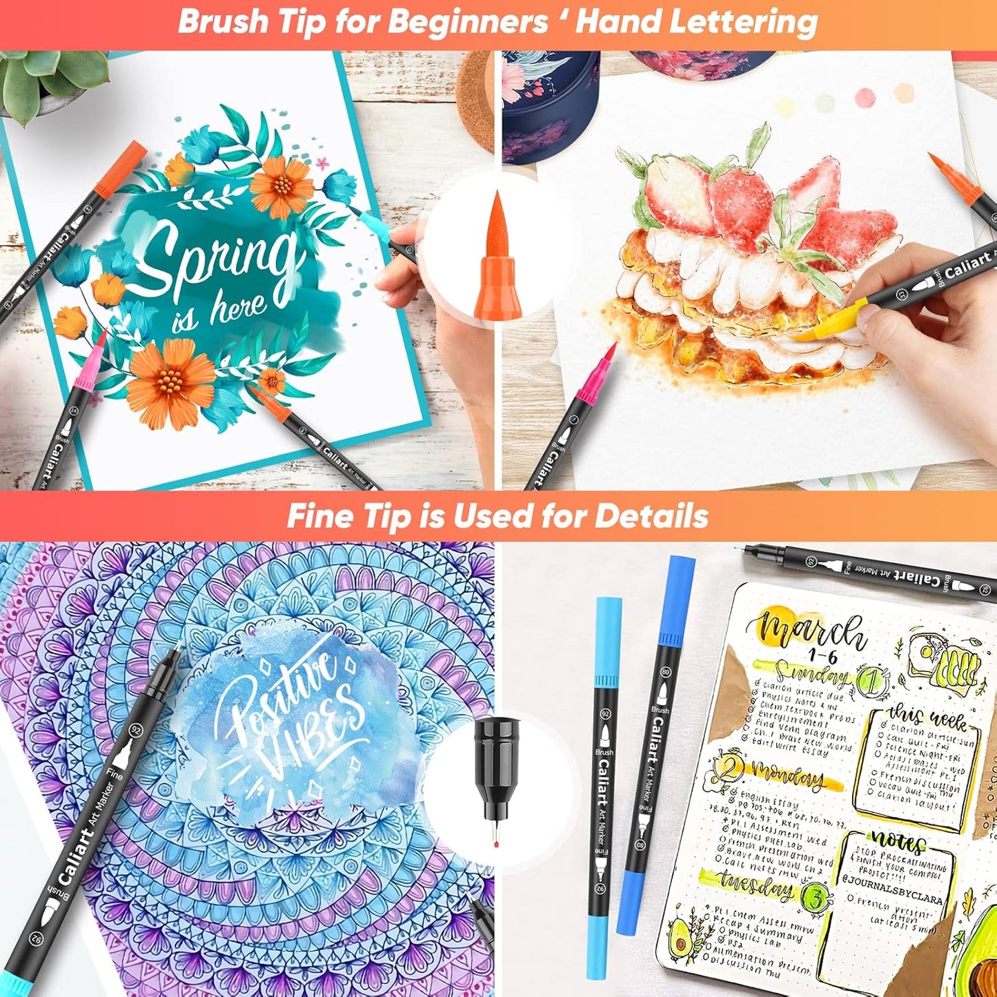 Caliart 72 Colors Double Tip Brush Pens Art Markers, Artist Fine & Brush Pen Coloring Markers for Adult Book Cards Drawing Craft Kit Teacher Office Supplies