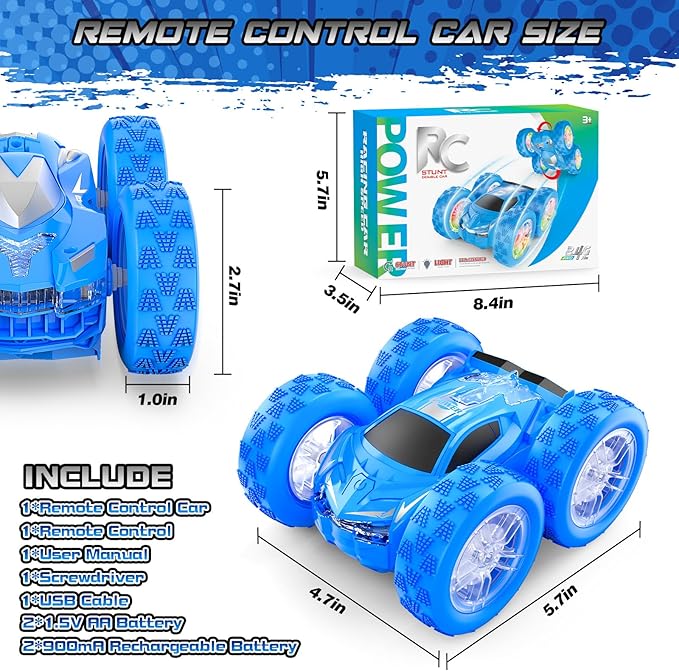 Remote Control Car for Kids, RC Stunt Cars Toys for Boys Ages 4-7 with Cool Double-Sided Pattern and LED Flash, 1:24 Vehicle Toy Car Hobby Racing Car Toys Gift for 3 4 5 6 7 8 9 Year Old Boys