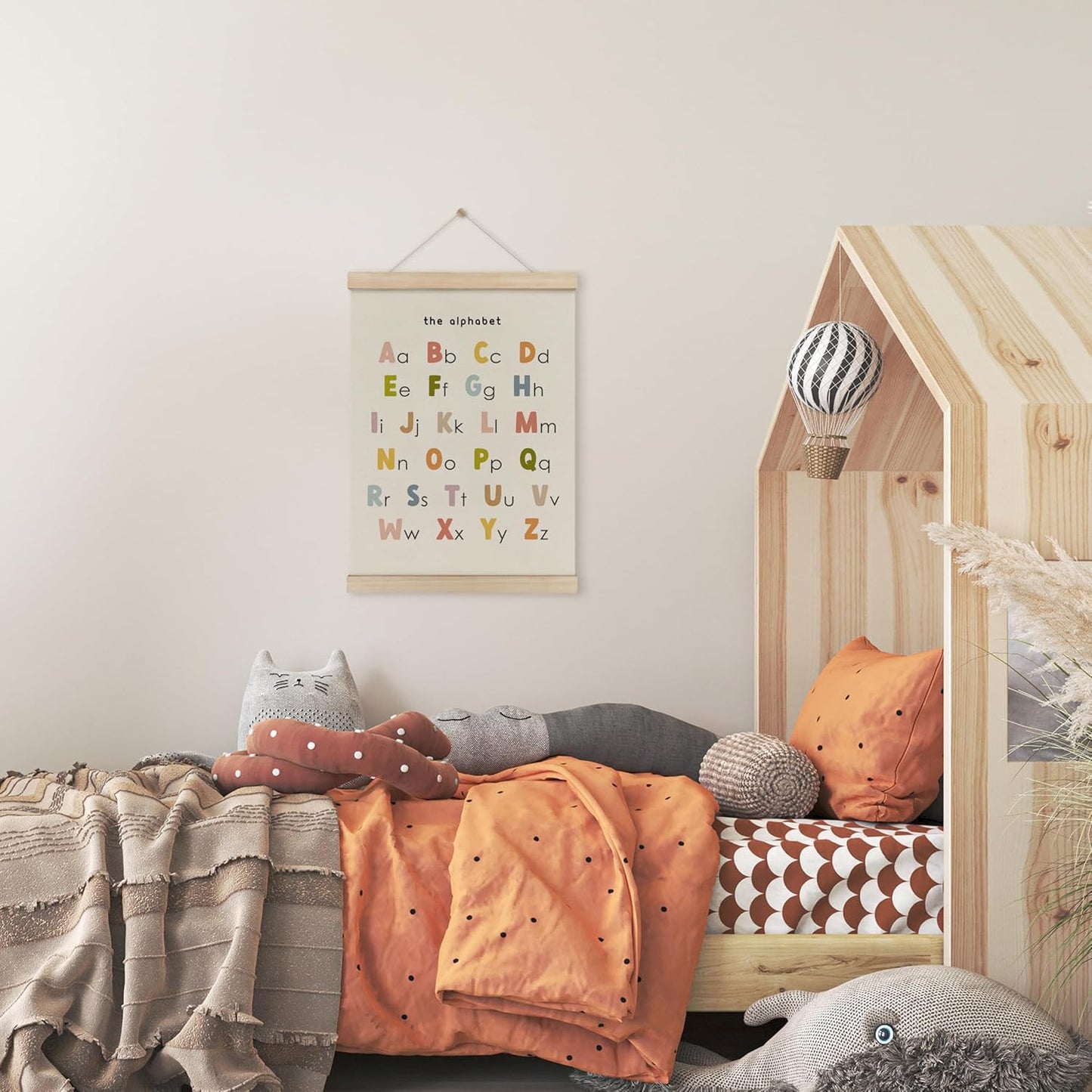 HRQKO ABC Poster Hanger Frame, Alphabet Wall Art, Cute ABC Poster Wall Art with Wooden Frames, Alphabet Banner Wall Hanging Decor for Nursery Toddler Playroom, 12x16 inch