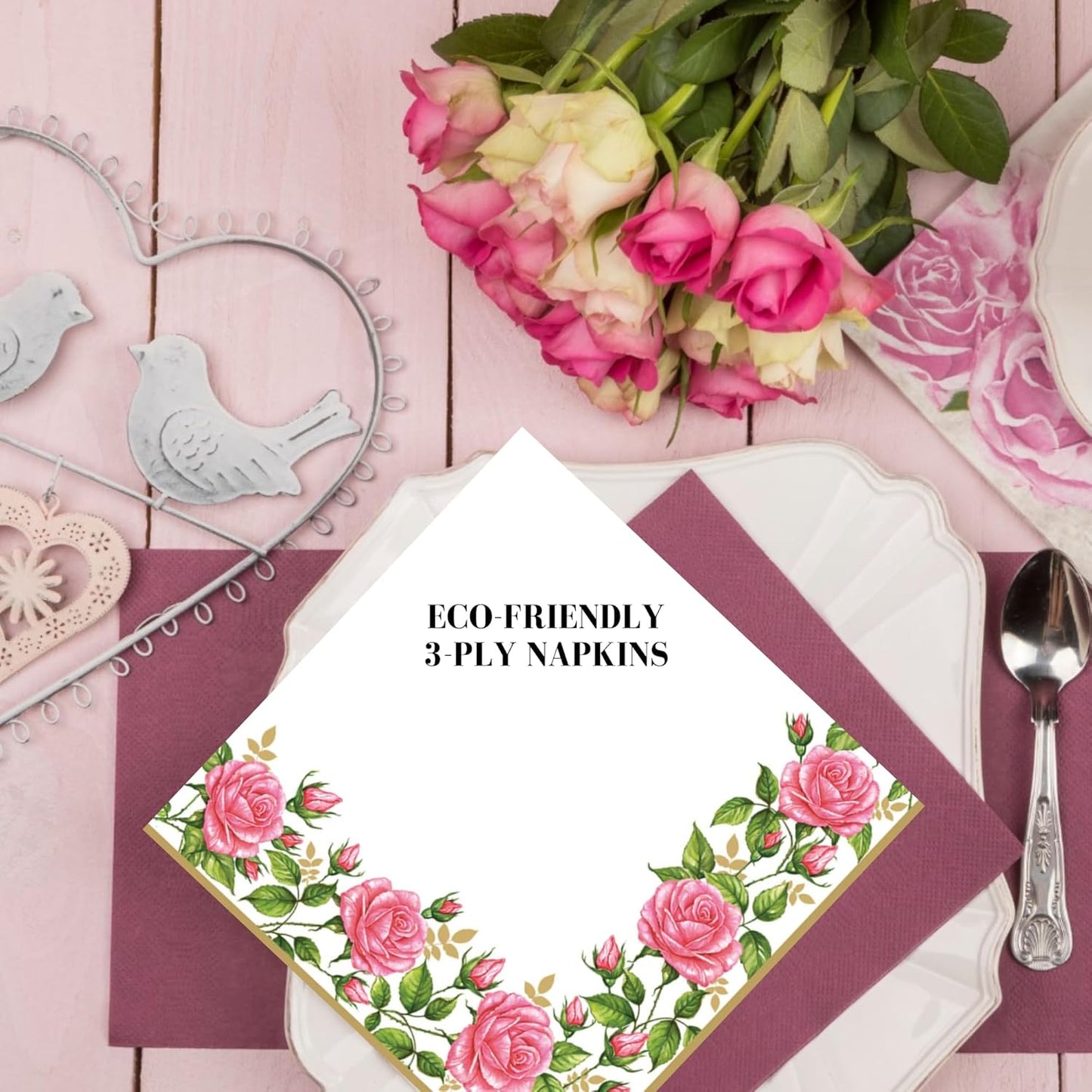 20-ct 13x13 Flowers Paper Luncheon Decoupage Napkins, 3-Ply Servilletas Printed Flower Border Cocktail Napkin for Art, Dinner and Party, Disposable Napkins Decor