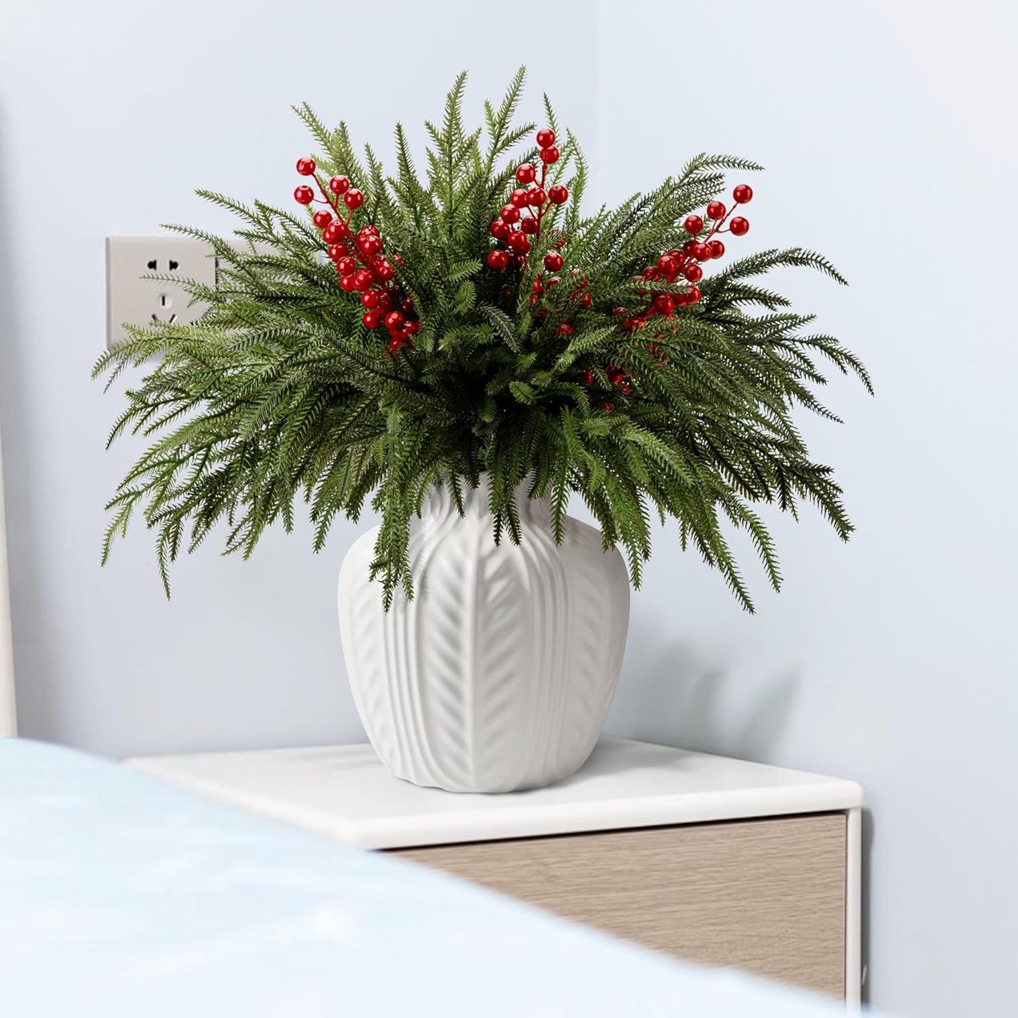 25 Pcs Christmas Norfolk Pine Branches with Red Berry Stems, 19" Extra Long Fake Greenery Norfolk Pine Stems Sprigs, Artificial Xmas Branches Plants Pine Leaves for DIY Craft Garland Home Decor