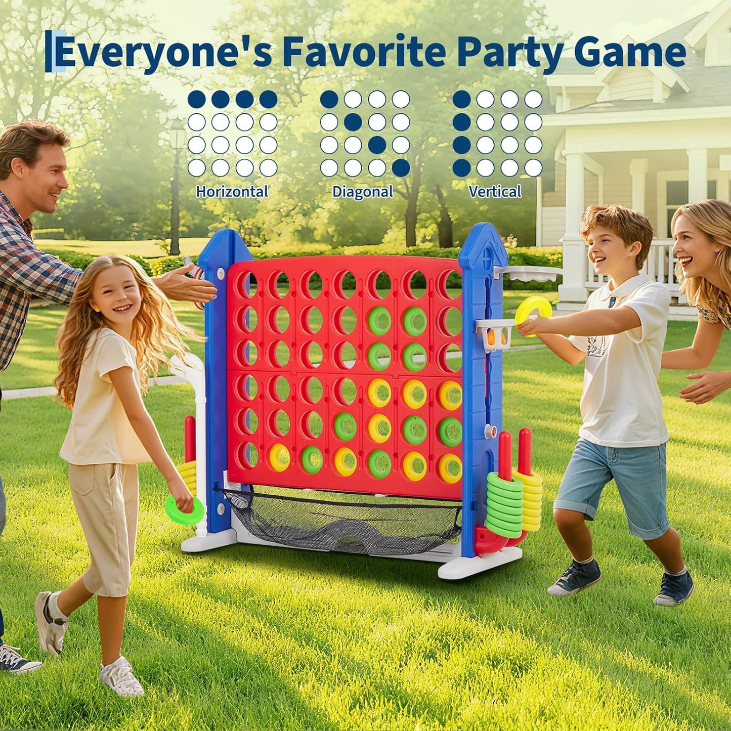 Giant 4 in a Row Game,Adjustable Height Board Jumbo 4-in-a-Row Game with Quick-Release Slider,Mini Basketball,Golf & Ring Toss Set for Family Party, Outdoor & Indoor