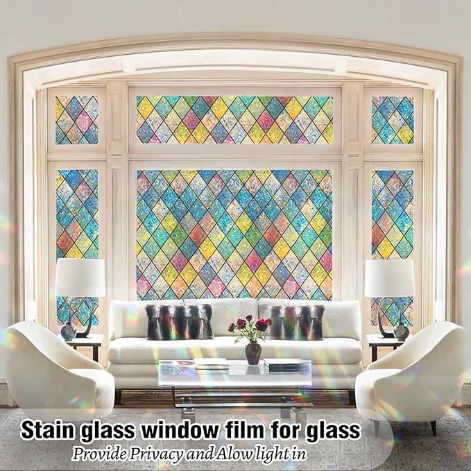 QHY Sunshine Colorful Rainbow Stained Glass Window Film Non-Adhesive Window Privacy Film Reusable Decorative for Room (Chequered Rainbow, 35.4 X 157.4 in)