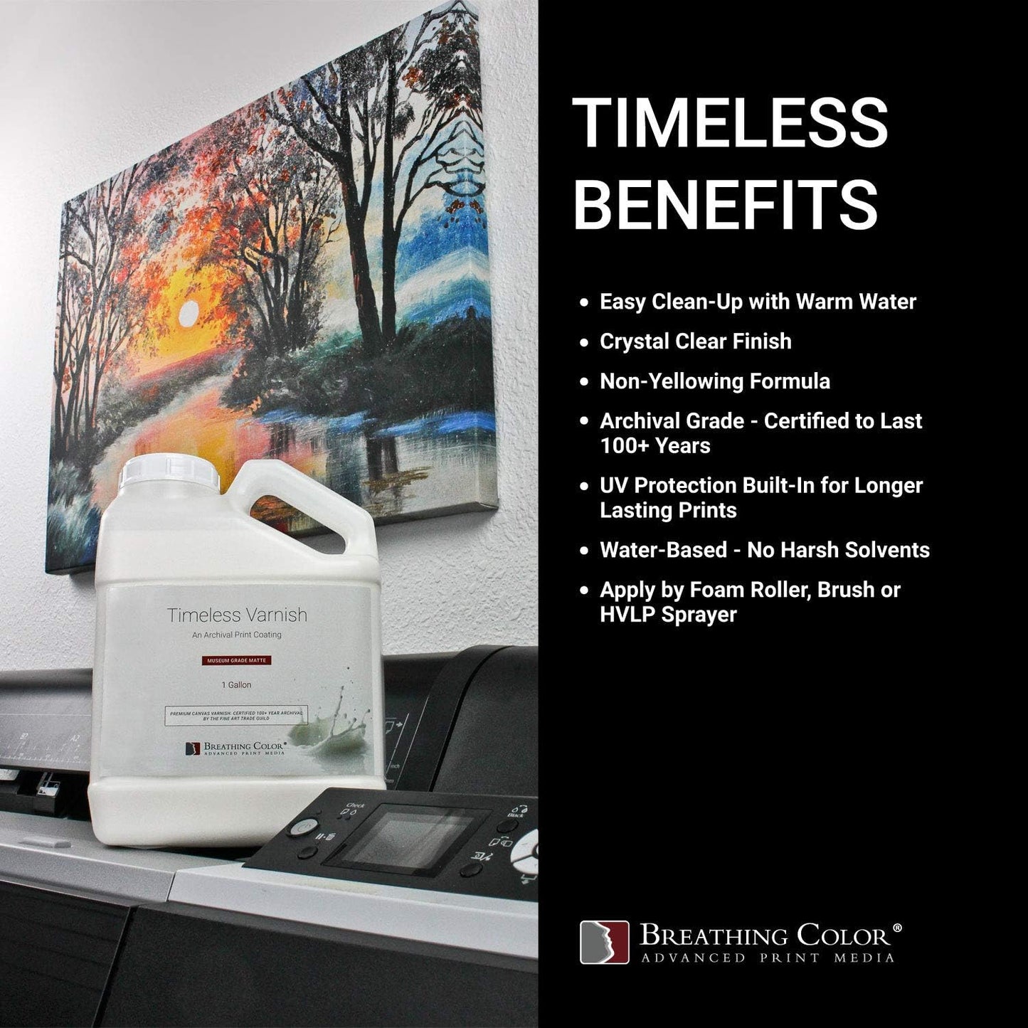 Breathing Color Timeless Archival Print Varnish - 1 Quart, Glossy Finish, Best Canvas Coating, Certified Archival Quality, Includes Foam Roller, Mixing Cups, and Gloves