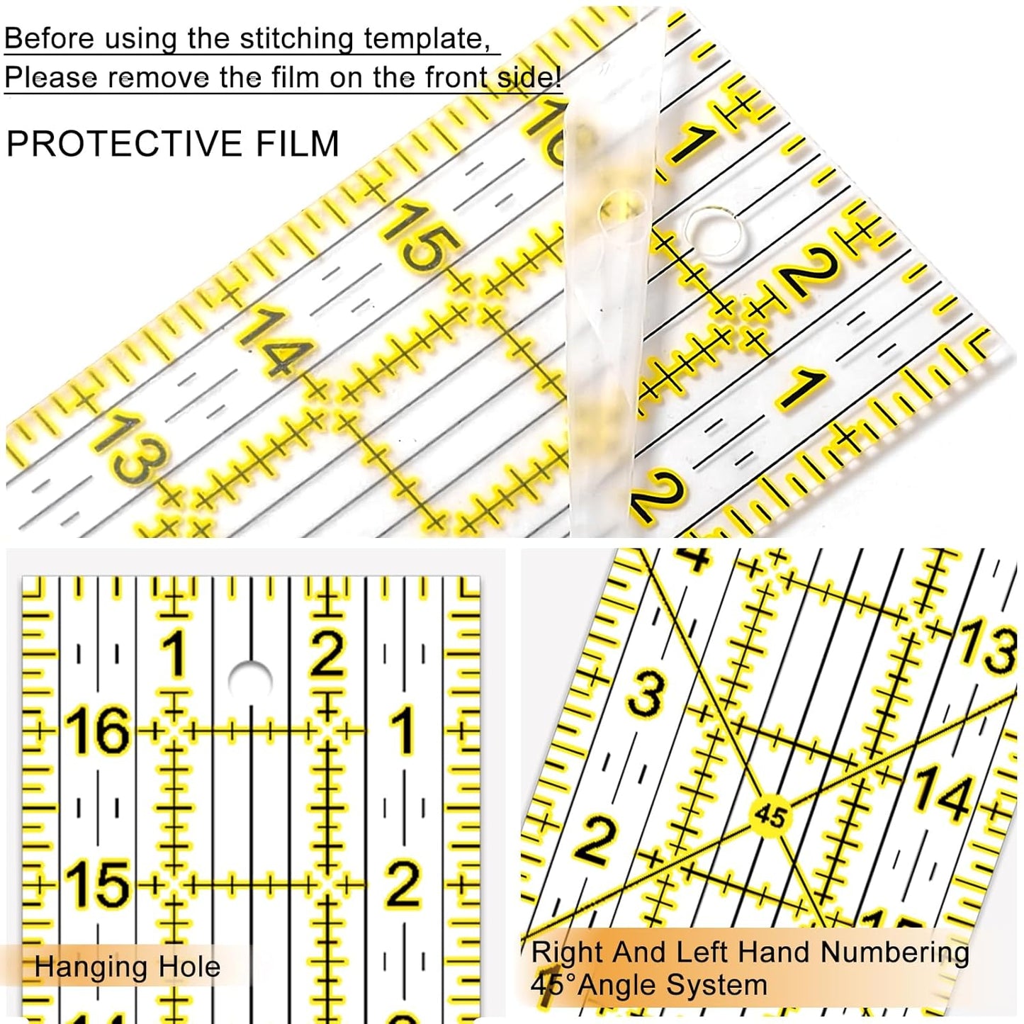 Quilting Rulers, Sewing Ruler, Acrylic Ruler for Sewing and Quilting,Cutting Ruler with Non-Slip Rings (3"x17",1.5"x17",3"x12",1.5"x10",1"x6") (Yellow)