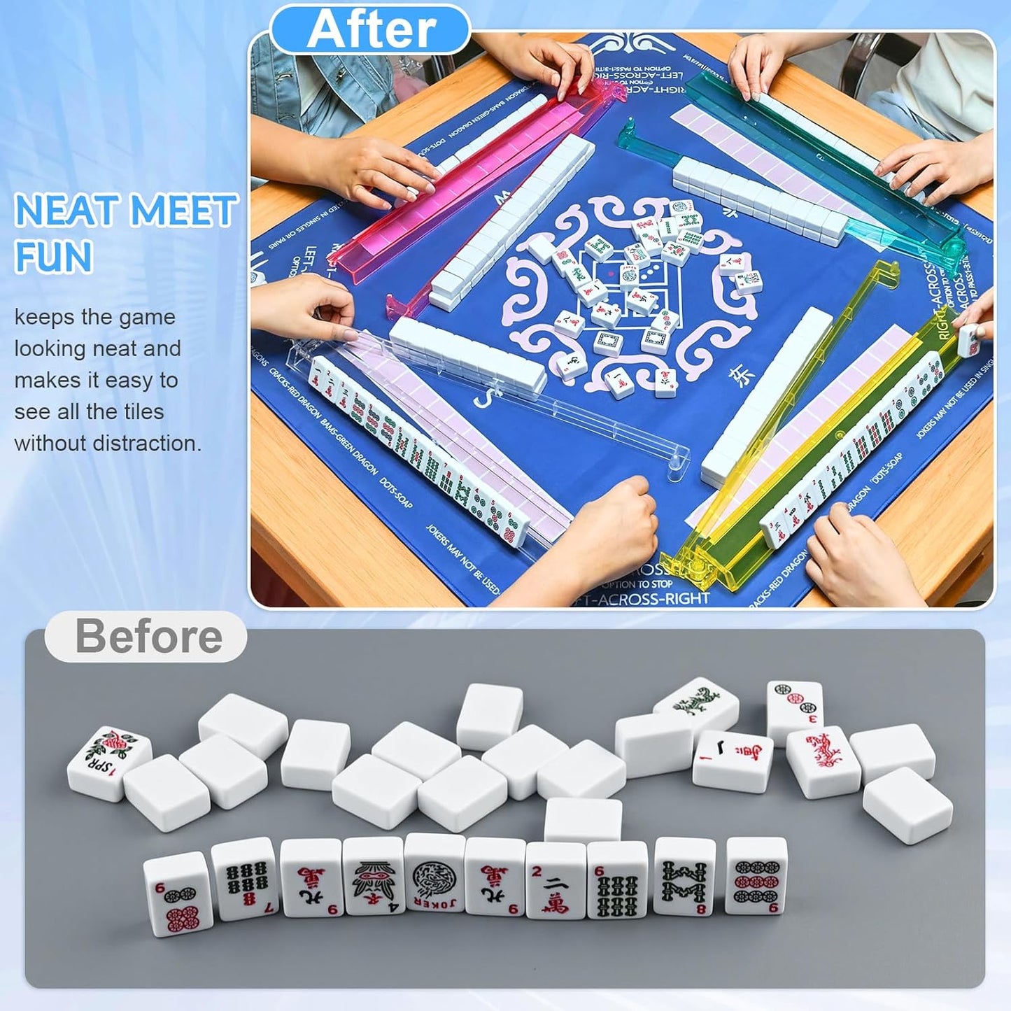 Mahjong Racks with Pushers Set of 4, Plastic American Mahjong Tile Racks 4 Colors, Mah Jongg Accessories Gifts for Mj Enthusiast