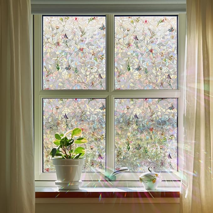 Rainbow Window Privacy Film Stained Glass Handmade Design for Bathroom, Watercolor Flower and Butterfly, 118.11" x 20.87"