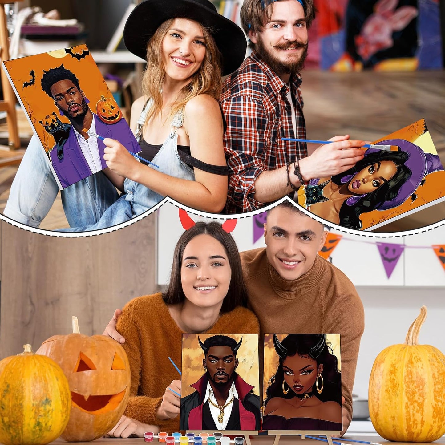 Zhanmai 12 Pack Pre Drawn Canvas for Painting Sip and Paint Kit 8" x 10" Paint Party Set Canvas Painting Pre Printed Canvases for Party Favor DIY Virtual Adult's Date Night(Witch Couple)