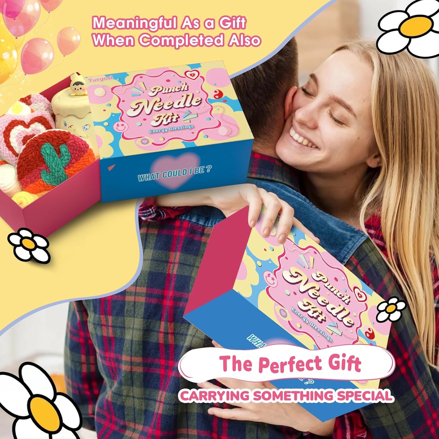 yuegool 6PCS Energy Punch Needle Coasters Kit,Easy DIY Punch Needle Embroidery Kit for Beginners Adults Kids Including Patterns, Tools, Yarns, Hoop, Instruction, Coaster Holder Art Craft Supplies