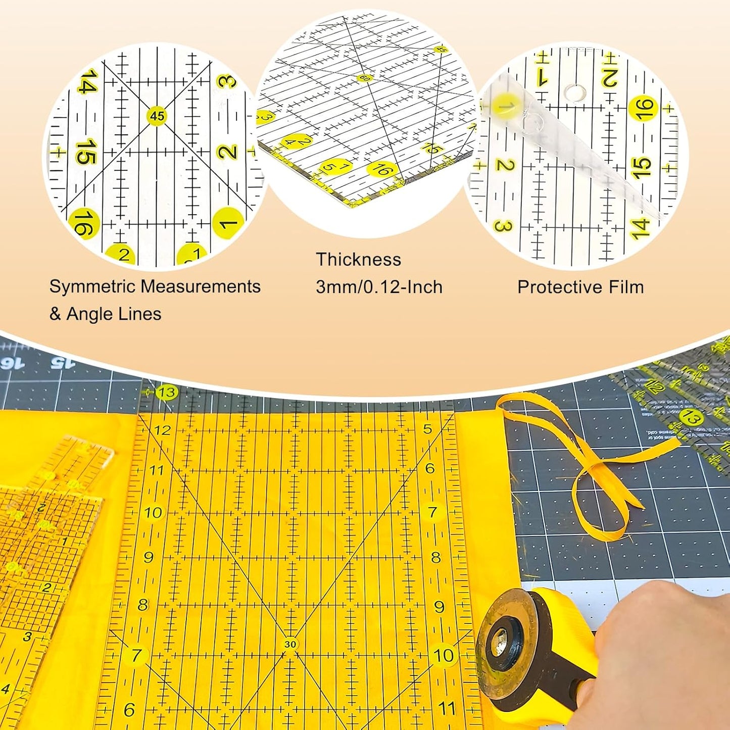 Quilting Ruler, 8 Piece Acrylic Quilting Templates, Sewing Ruler, Fabric Cutting Ruler with Non-Slip Rings, Quilting and Sewing (6"x17", 3"x17", 2"x16", 1.5"x12", 1"x12", 1"x6", 8"x3") (Yellow)