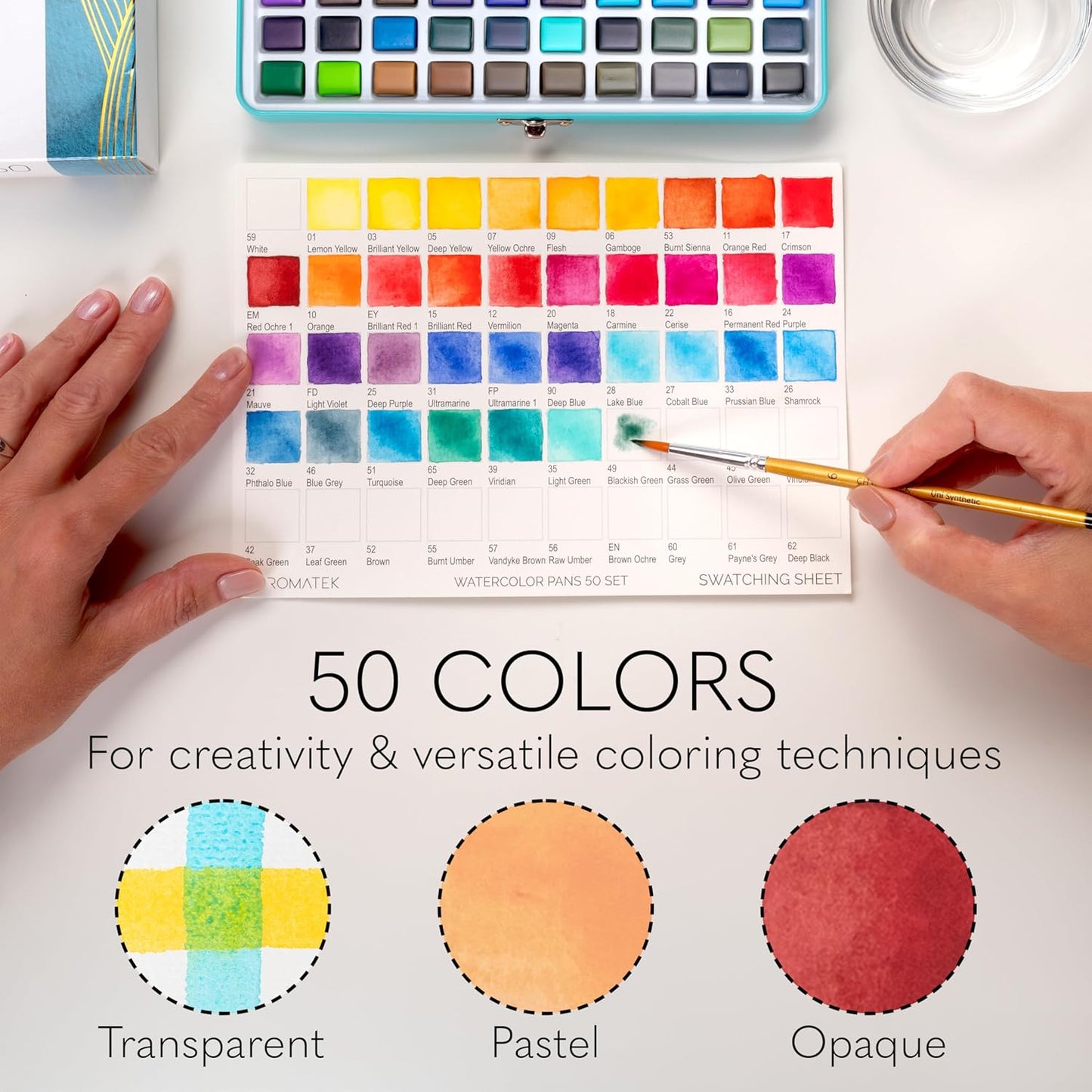CHROMATEK Watercolor Paint Set β 50 Vivid Colors Including Transparent, Opaque & Pastel β Art Kit with Brush, Water Pen, Palette, Color Chart, Swatch Sheets, Pad & Metal Travel Case