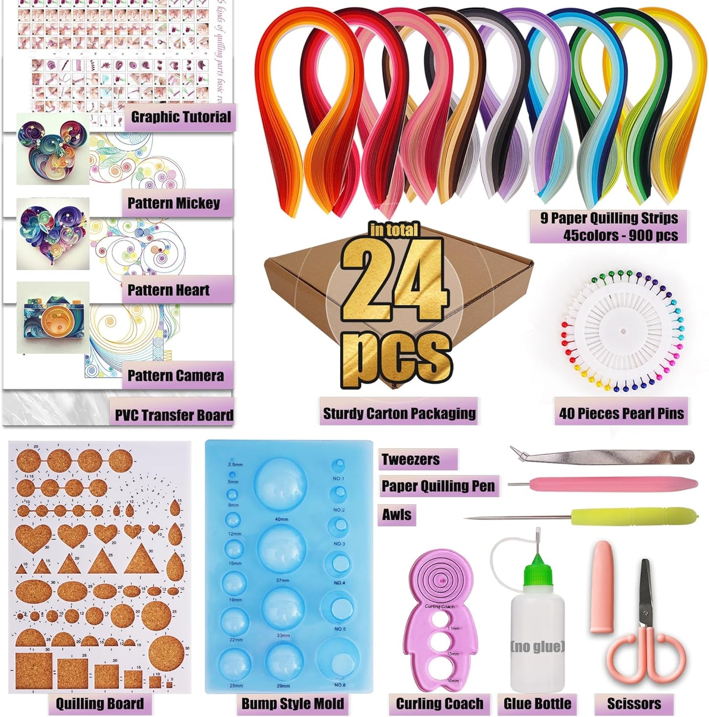 Halandar Paper Quilling Tools Set 24 pcs with 45 Colors 900 5mm Quilling Strips for Quilling Beginners and Paper Art Craft Lovers, DIY Handcraft Quilling Set