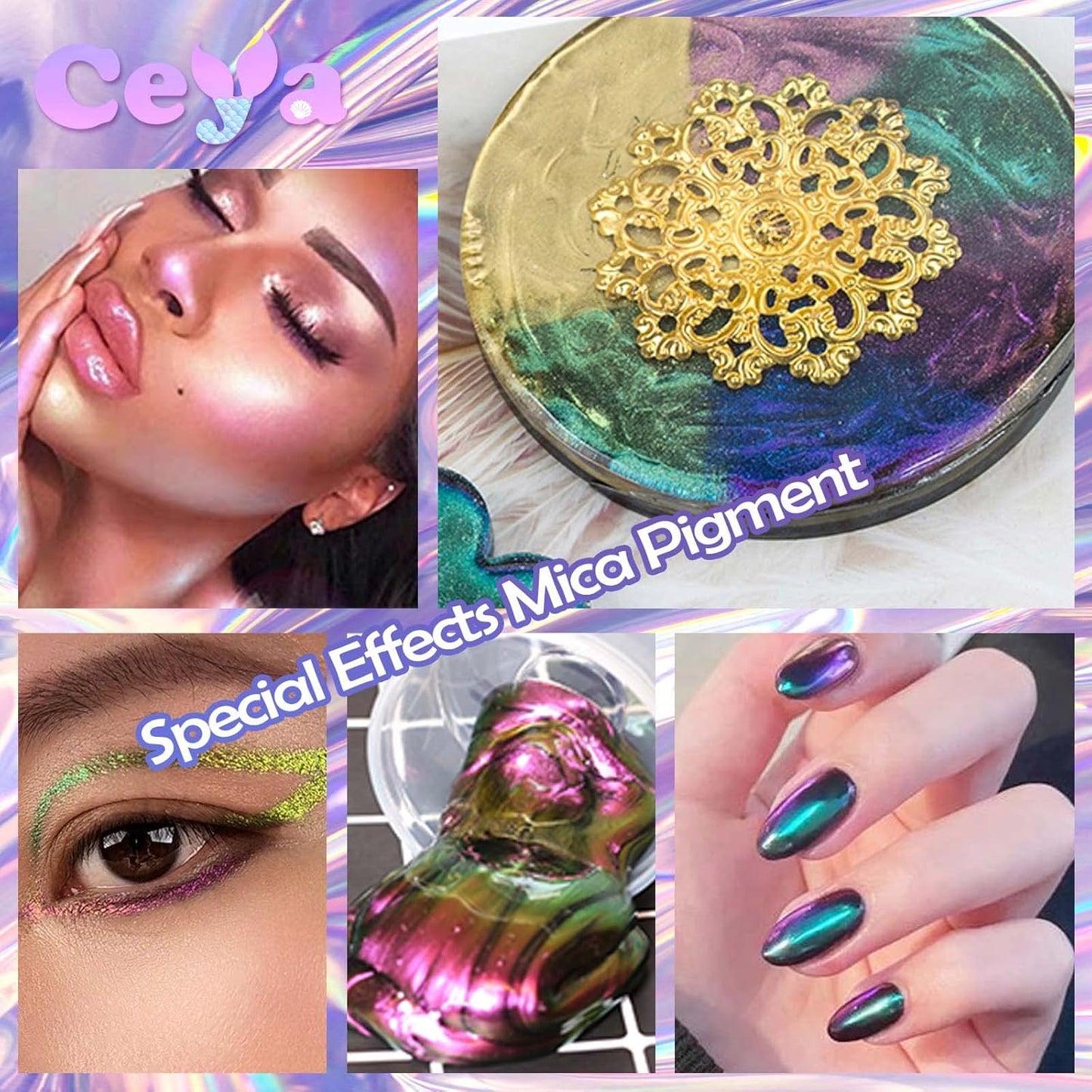 Ceya Chameleon Mica Powder, 1.8oz/ 50g Fancy Starry Chrome Nail Powder, Cosmetic Grade Pearlescent Effect Color Shift Pigment for Epoxy Resin, Makeup, Nail Polish, Soap Dye, Candle Making, Slime