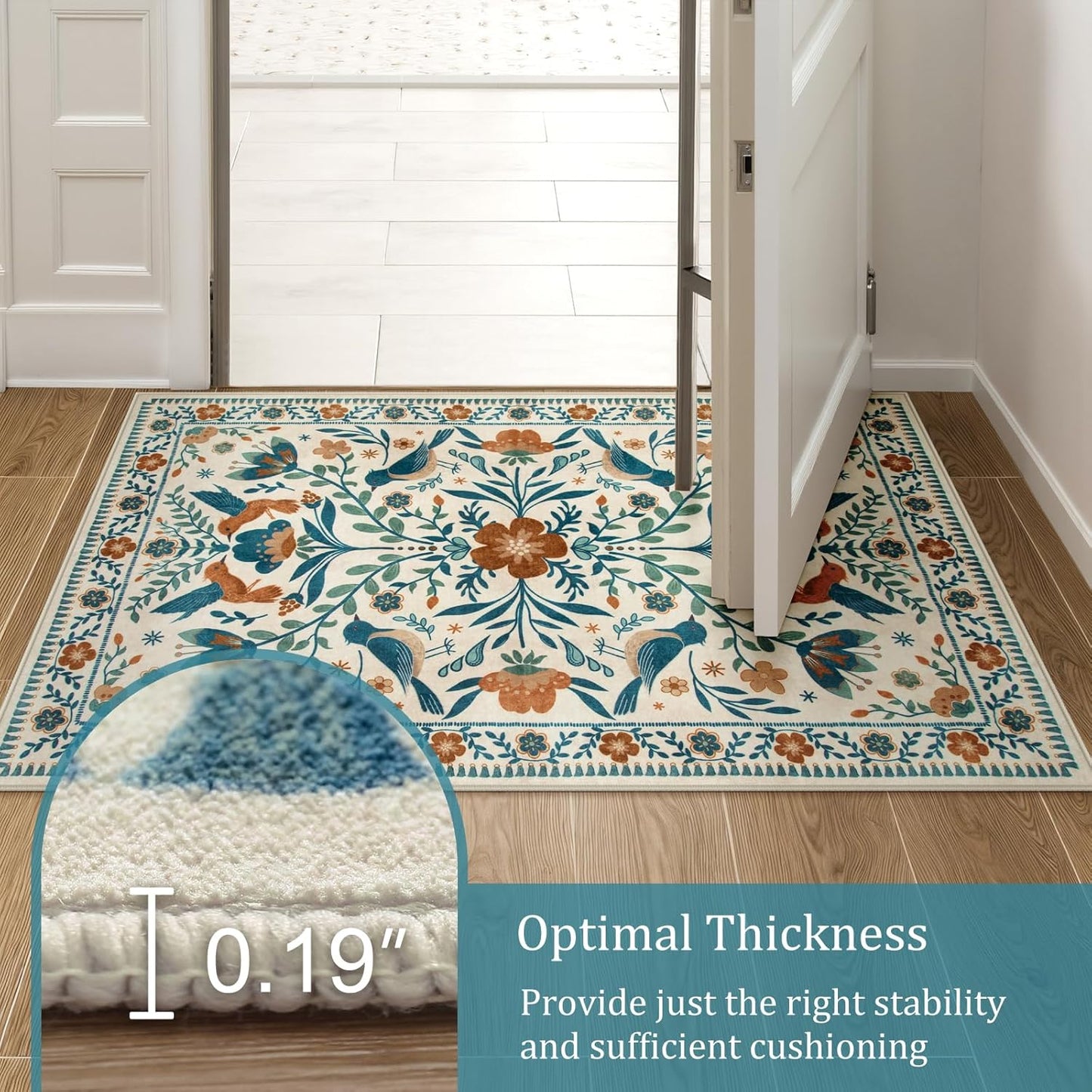 Morebes Floral 9x12 Area Rug for Living Room, Washable Large Rug for Bedroom Non Slip, Soft Boho Vintage Flower Birds Distressed Throw Carpet for Dinning Room Playroom, Beige/Multi