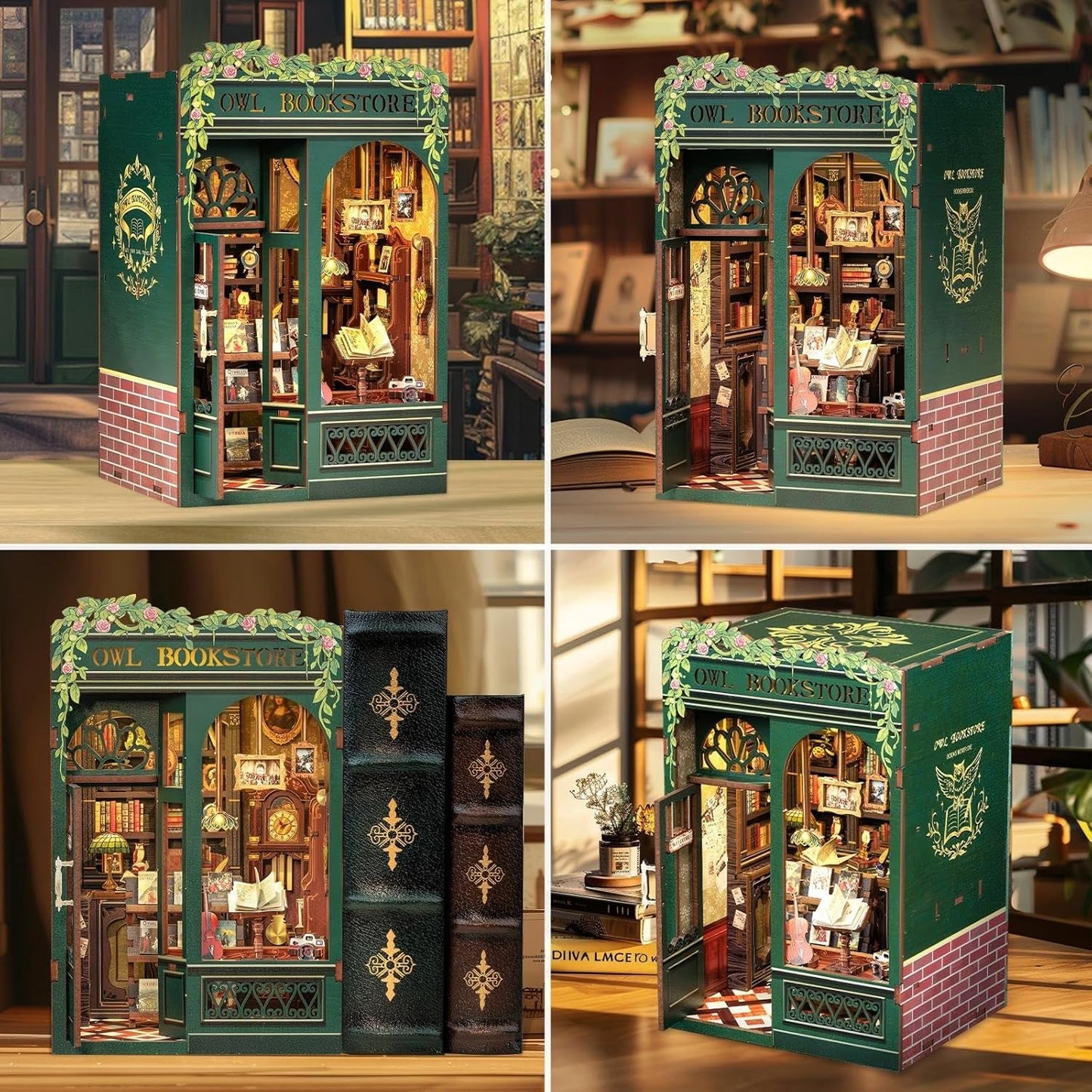 Fsolis Book Nook Kit, DIY Scene Miniature House Kit Tiny House Mini Booknook Craft Bookshelf Decor, 3D Puzzles for Adults, 139 Wooden Pieces, Scale Library Model, Gifts for Book Lovers(OWL Bookstore)