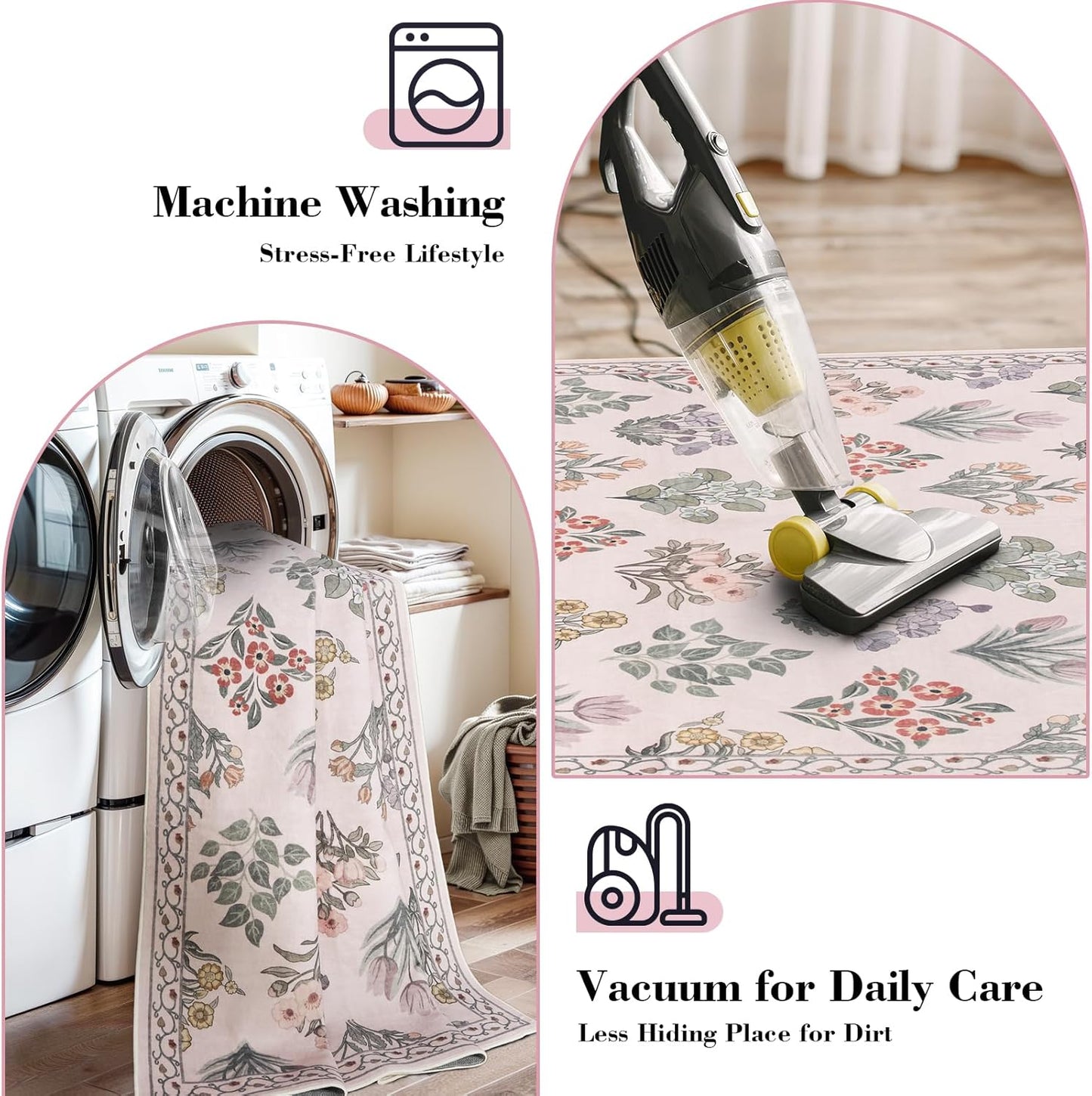 Wonnitar Boho Floral 3x5 Washable Rug, Ultra-Thin Pink Small Rugs for Bedroom, Soft Non Slip Moroccan Throw Carpet for Nursery Girls Bedside Dorm Room Decor, Pale Pink