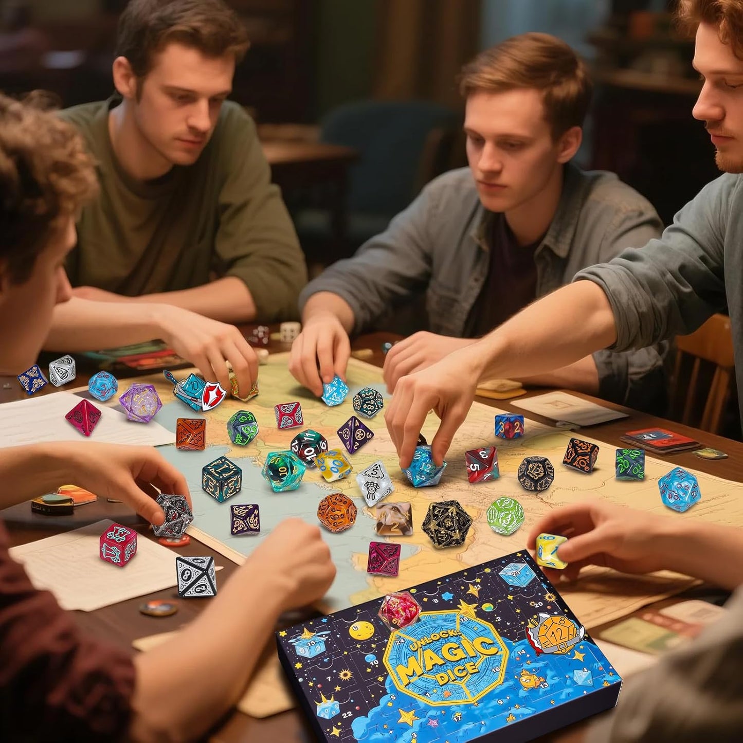 QMAY Polyhedral Dice - 24 Pcs Mystery Dice Box, Random Styles Dice & Pins Badges, Bulk DND Dice, Dice Advent Calendar, D&D Gifts, Great for Dungeons and Dragons, RPG, MTG,Role Playing Table Game