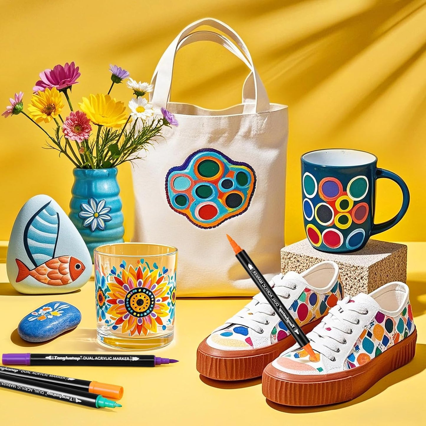 Tongfushop 84 Colors Acrylic Paint Markers, Dual Tip Acrylic Paint Pens with Brush Tip & Fine Tip, Fabric Markers for Rock Painting, Wood, Canvas, Stone, Glass, Ceramic, DIY Crafts, Art Supplies