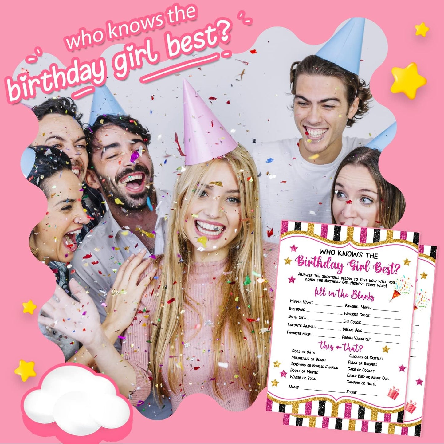 20 Pieces Who Knows The Birthday Girl Best Game Cards - Birthday Party Activity Game Card Set Girly Themed Party Activity and Idea - for Child or Teen - Girl Birthday Supplies, Activity, Decorations