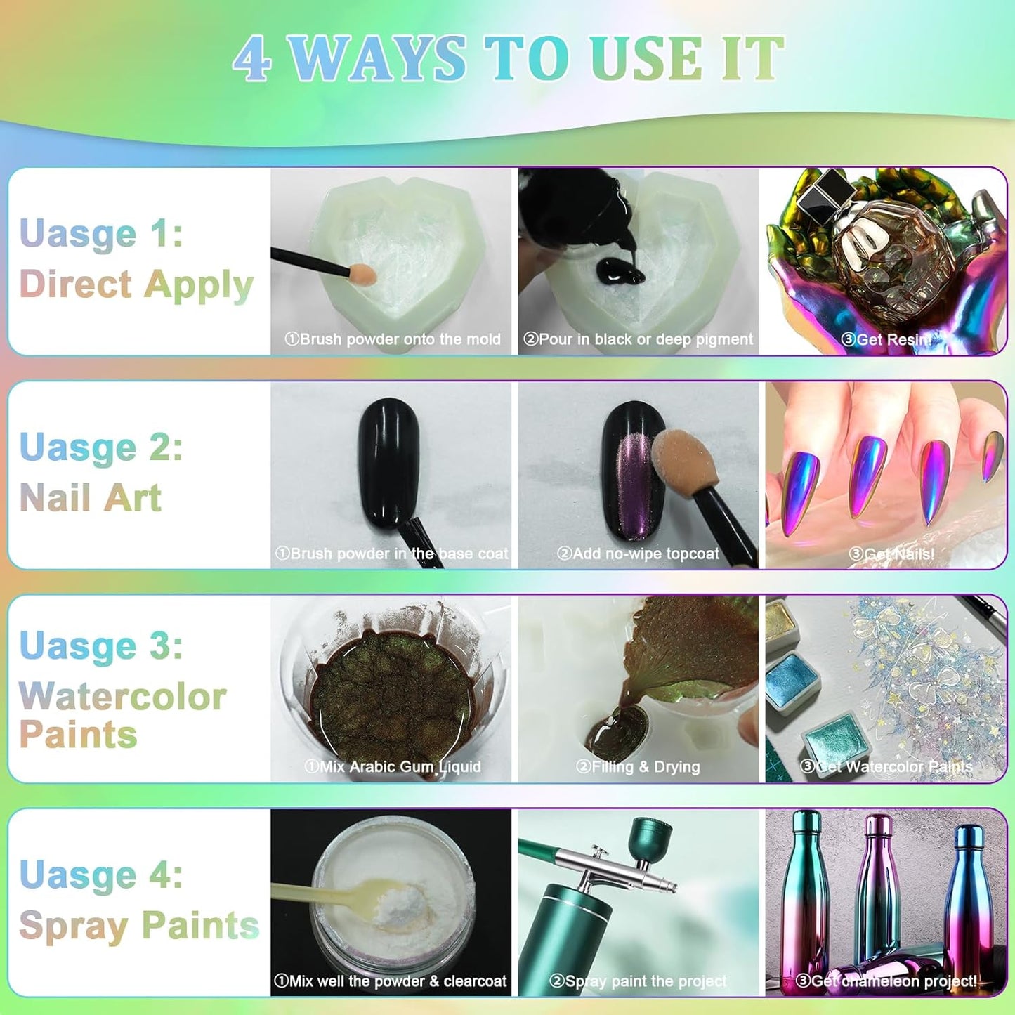Matio Chameleon Mica Powder, 10 * 5g White Chrome Powder, Pearlescent Effect Color Shift Pigment, Mica Powder Set for Epoxy Resin, Soap Candle Dye, Nail Art, Makeup, Bath Bombs,Painting,Slime Pigment