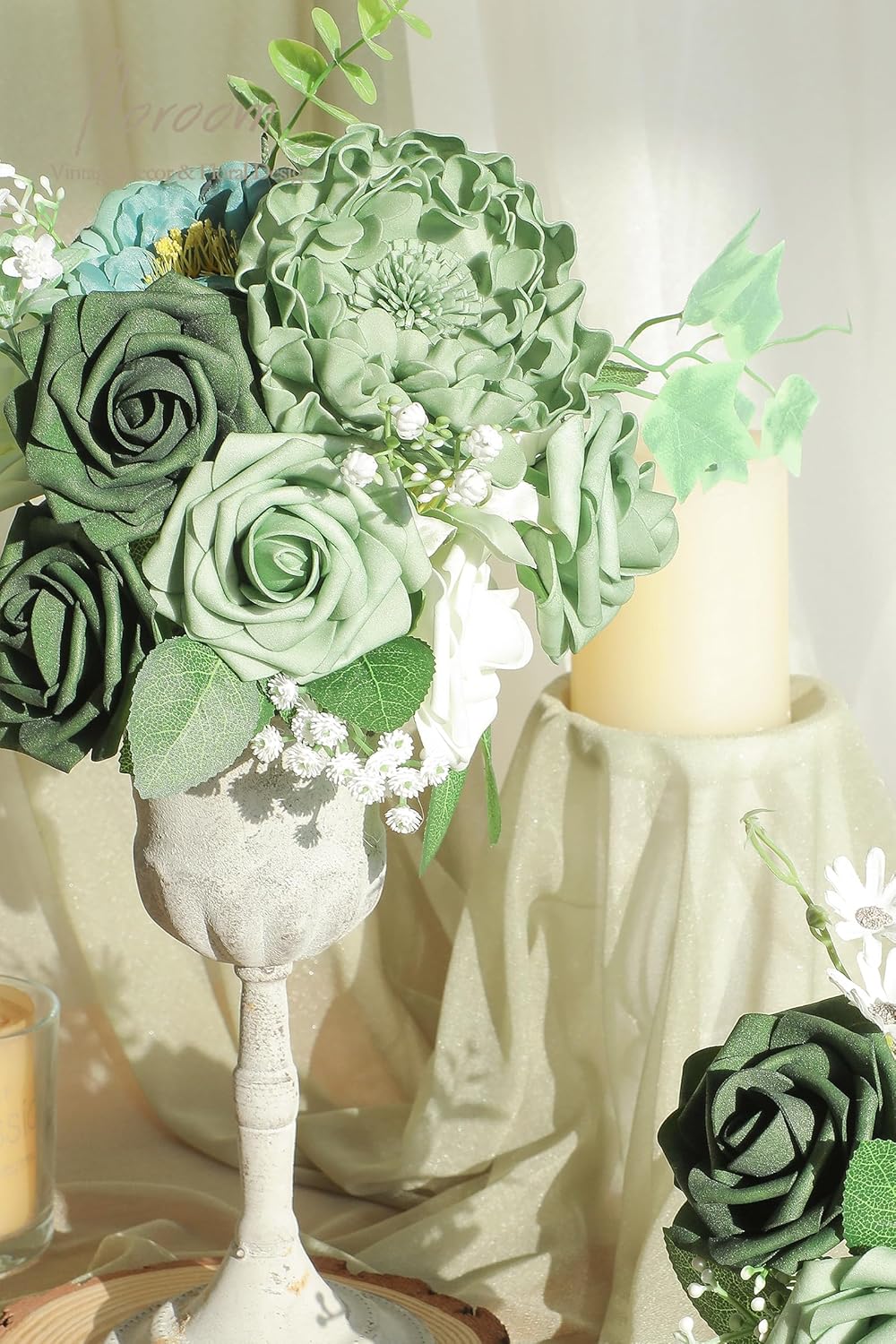 Floroom Artificial Flowers 25pcs Real Looking Sage Green & Emerald Green Foam Fake Roses with Stems for DIY Wedding Bouquets Bridal Shower Centerpieces Floral Arrangements Party Tables Decorations