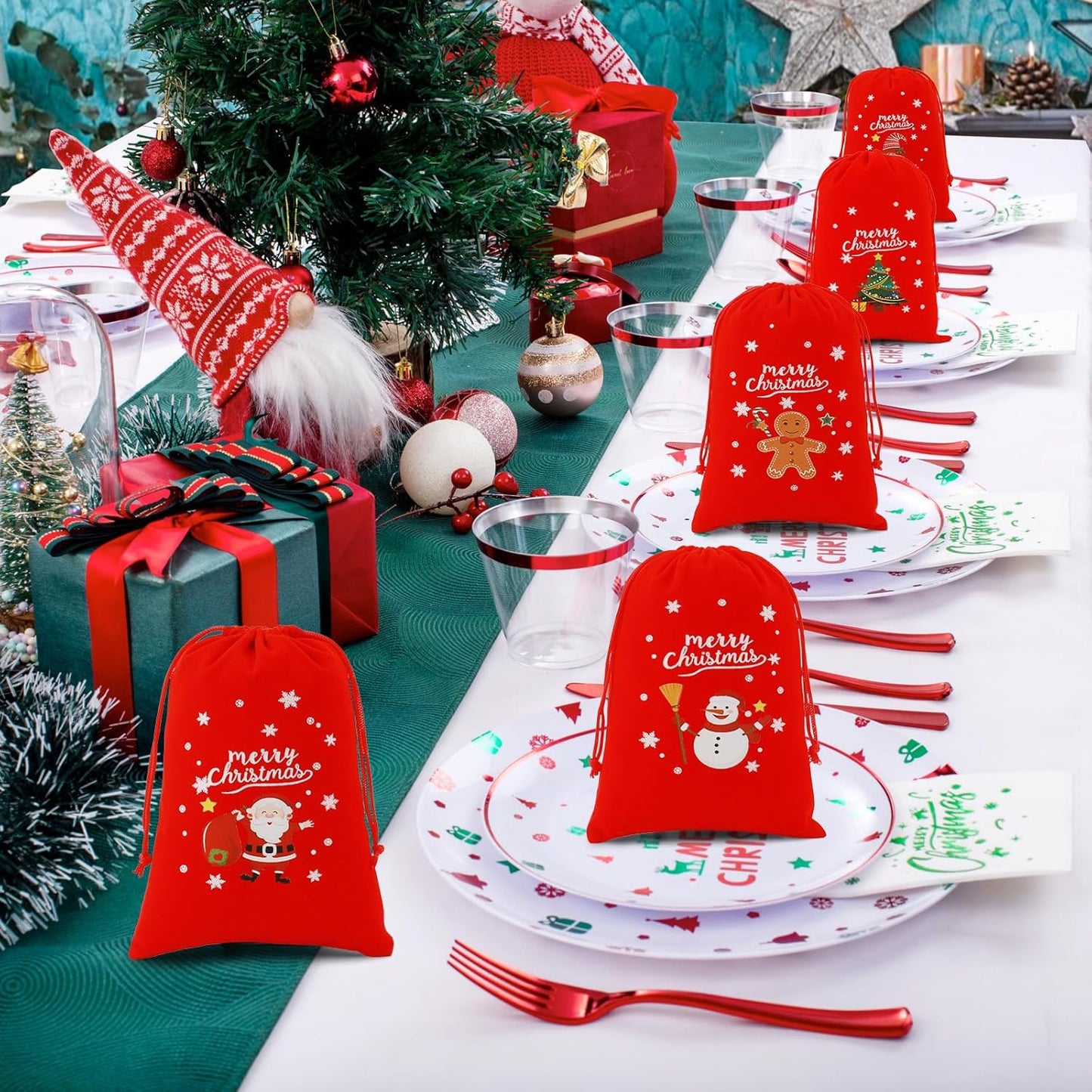 Tapleap Velvet Coth Christmas Bags with Drawstring, 50Pcs 5x7 for Wrapping Christmas Party Favors or Gifts for Friends, Small Bussiness, Children, Coworkers