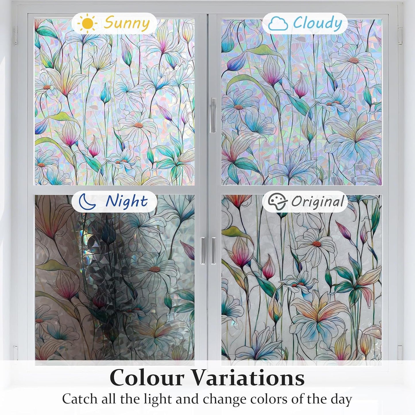 Donox Decorative Window Privacy Film, 3D Floral Stained Glass Window Film Static Cling Rainbow Privacy Sticker for Glass Door Heat Control Anti UV, No Adhesive (Magnolia,17.5 x 157.4 inches)