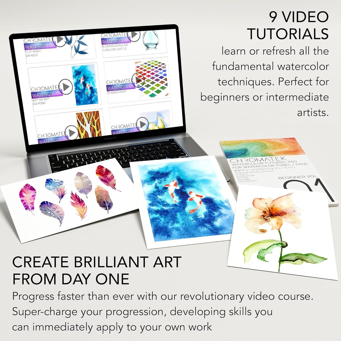 CHROMATEK Watercolor Paint Set, 84 Piece Kit, Video Tutorial Course, 48 Tubes, from Beginner to Intermediate & Professional Artists, Paper, 8 Brushes, Palette, Aquapen, Masking Tape, 12ml Tubes