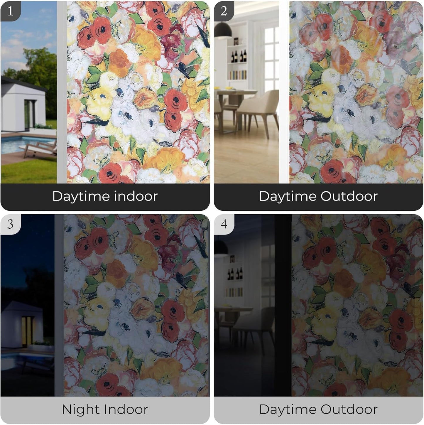 Window Privacy Film, Frosted Glass Decorative Static Cling, Removable Sun Blocking Vinyl Covering, Window Film for Home Kitchen Living Room Bathroom, Oil Painting Flowers, 17.5" x 78.7 "