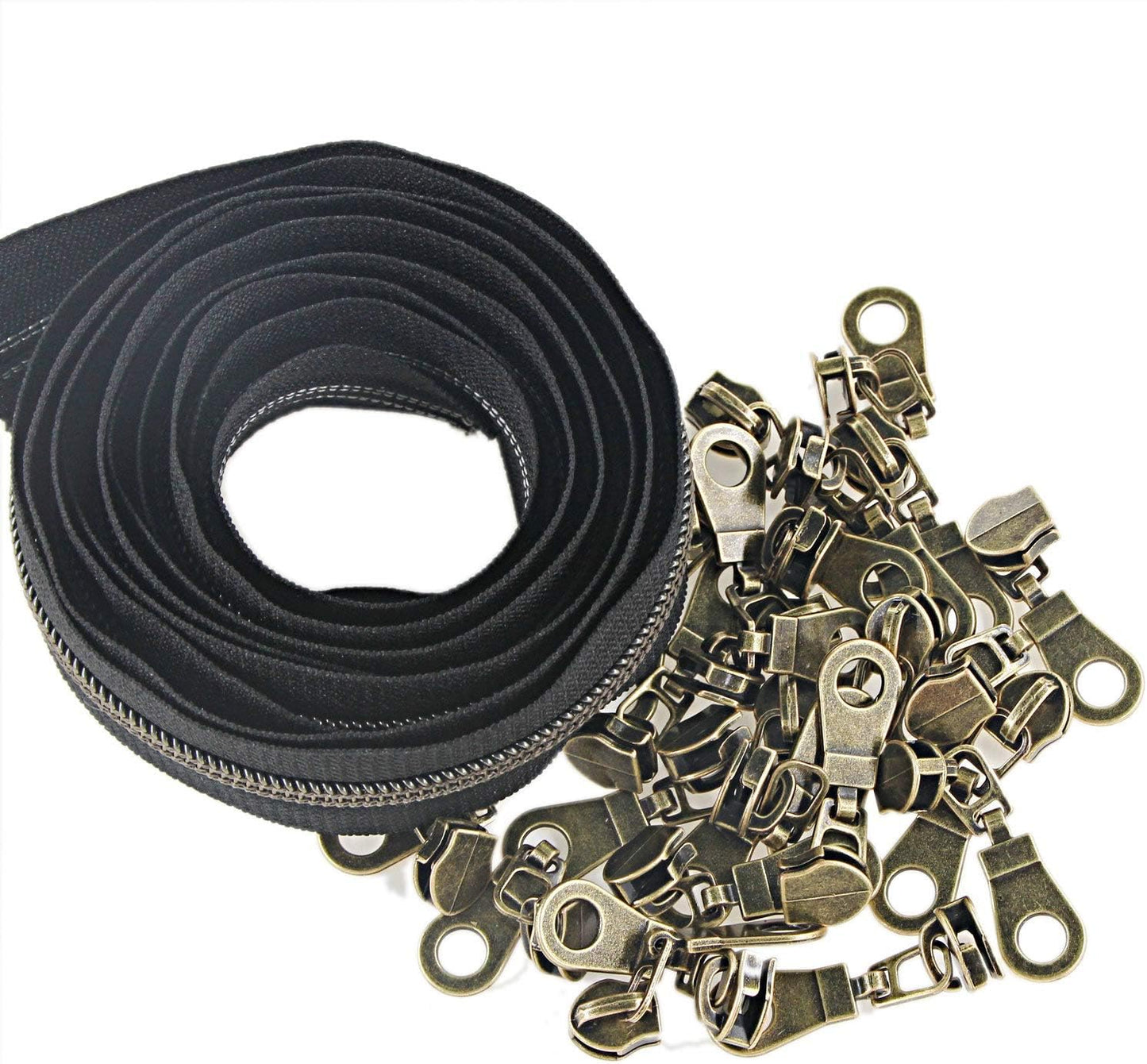 Leekayer #5 Antique Brass Metallic Nylon Coil Zippers by The Yard Bulk 10 Yards Black Zipper Tape with 25pcs Brass Sliders for DIY Sewing Tailor Craft Bag (Black)